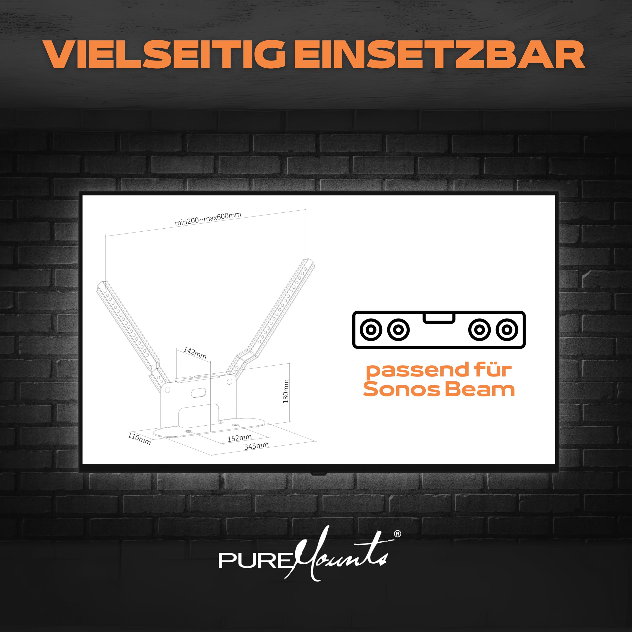 PureMounts PM-SOM-080 pour montage direct sur téléviseur compatible avec SONOS BEAM Barre de son, charge utile: 5 kg, noir