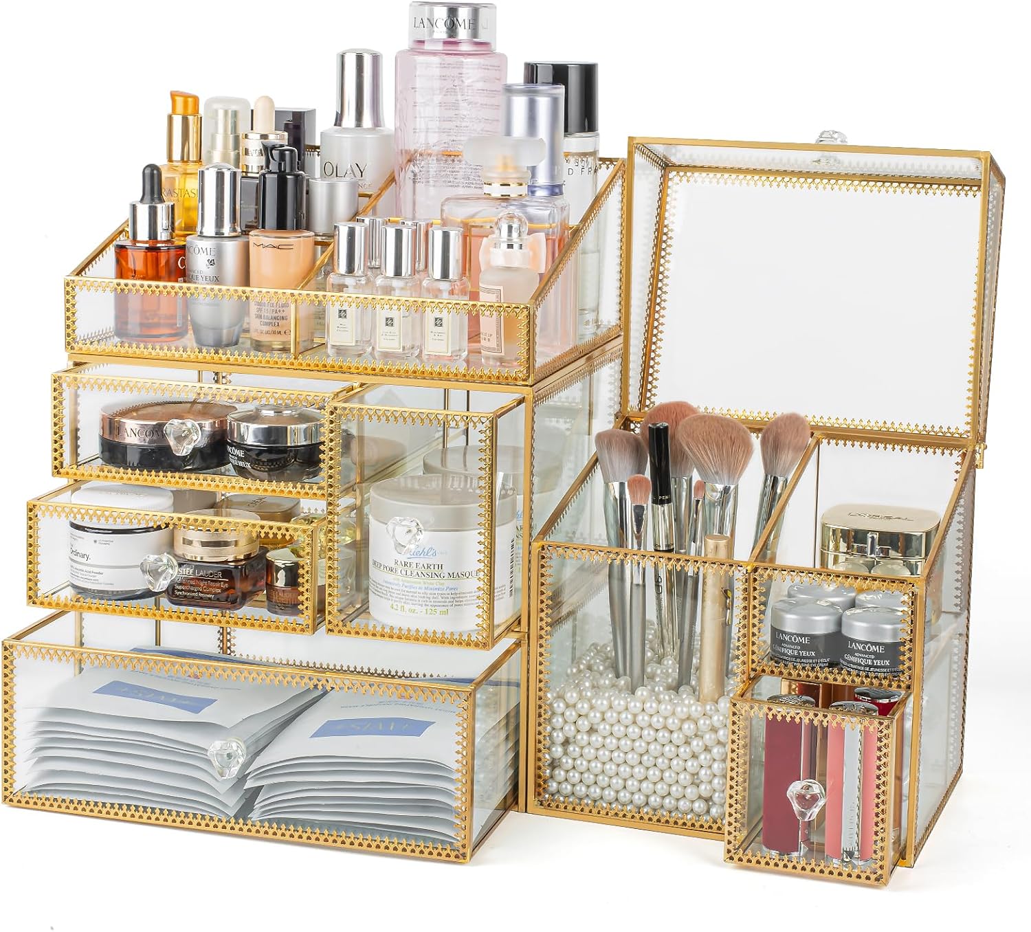 4PCS Gold Glass Makeup Organizers with Drawers and Glass
