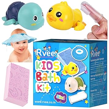 RVEE Kids Bath Kit 5 in 1 Baby Shower Gift Set Bath Toys - Bath Sponge - Shampoo caps - Pack of 5 Different Essential Bathroom Products Accessories for Kids/Babies(0-3 Year Old), Multicolor - image, photos