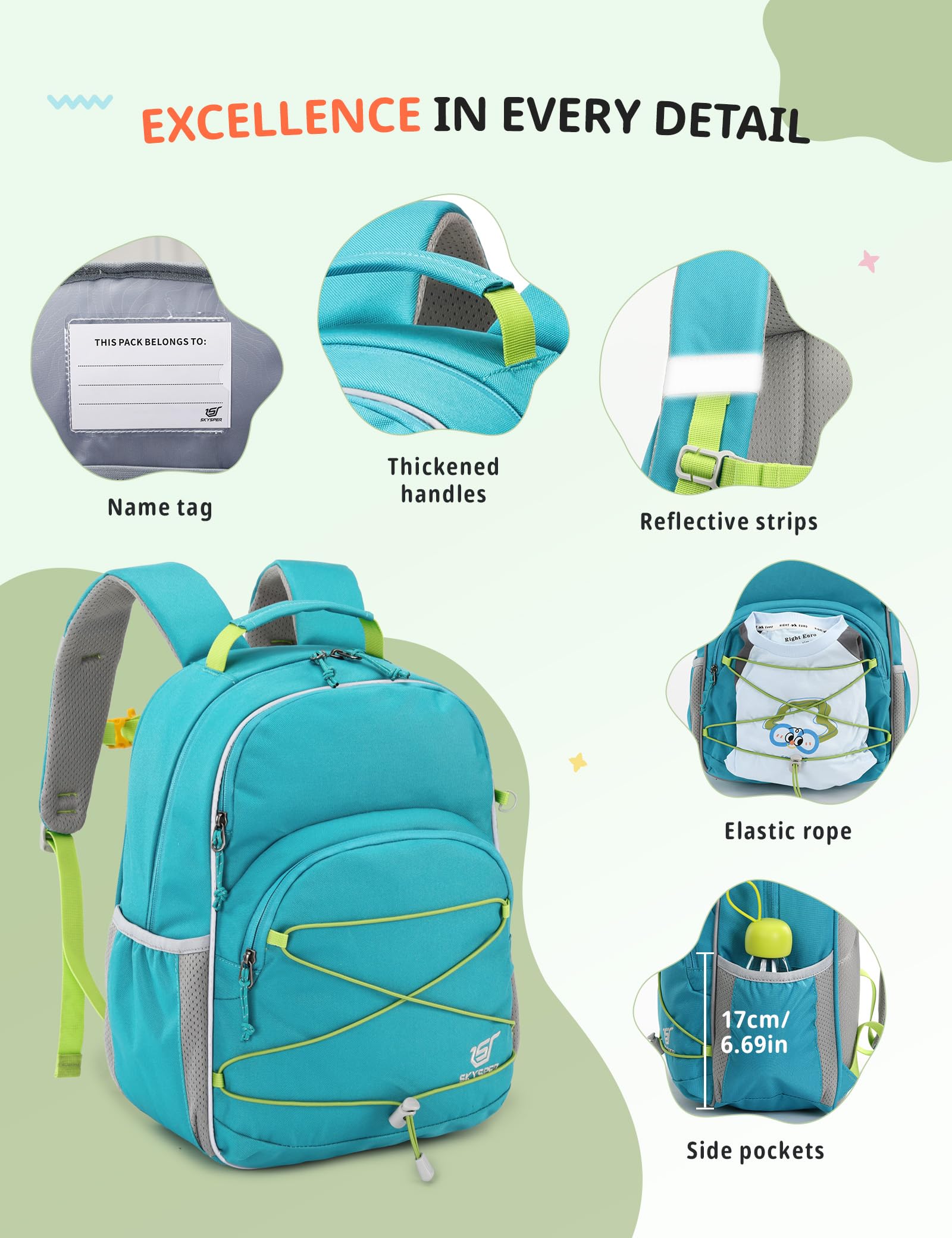 SKYSPER Kinder Rucksack 12L Wanderrucksack mit Brustgurt für Schule und Ausflüge Grün