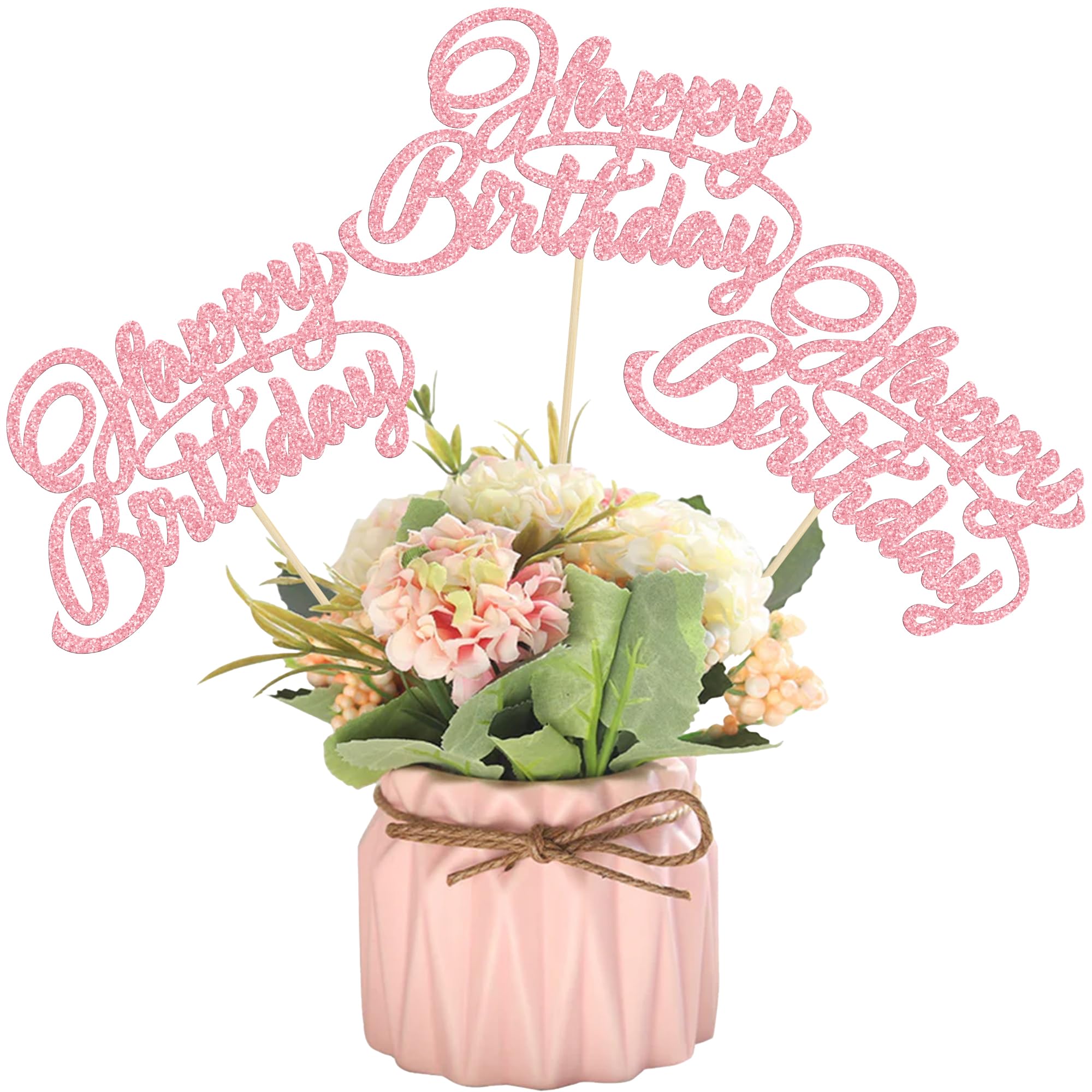 Ephlyn 12Pcs Happy Birthday Centerpiece Sticks Birthday Party Decorations Double Sided Glitter Table Toppers Decorations for Baby Shower Anniversary Party Decors Favors Pink