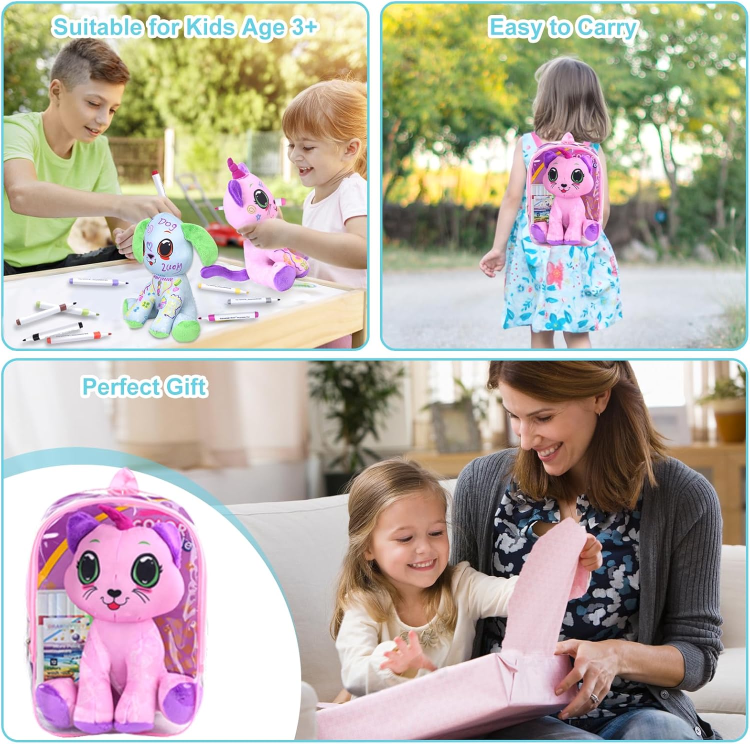 DRAWMYTOY Coloring Plush Toy with 12 Washable Markers for Little Girls Doodle Dolls Arts and Crafts Soft DIY Washable Doodle Stuffed Animal Toy for Kids Ages 4-6 Birthday (Pink Cat)