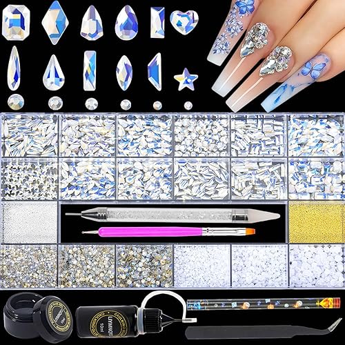 Miniatura 39 de Rhinestones Kit 9080Pcs Champagne Crystal Multi-Shape Flatback for Nail Decoration - Hearts Mix Size, Metal Beads, Pearl Gold Silver With Glue Gel