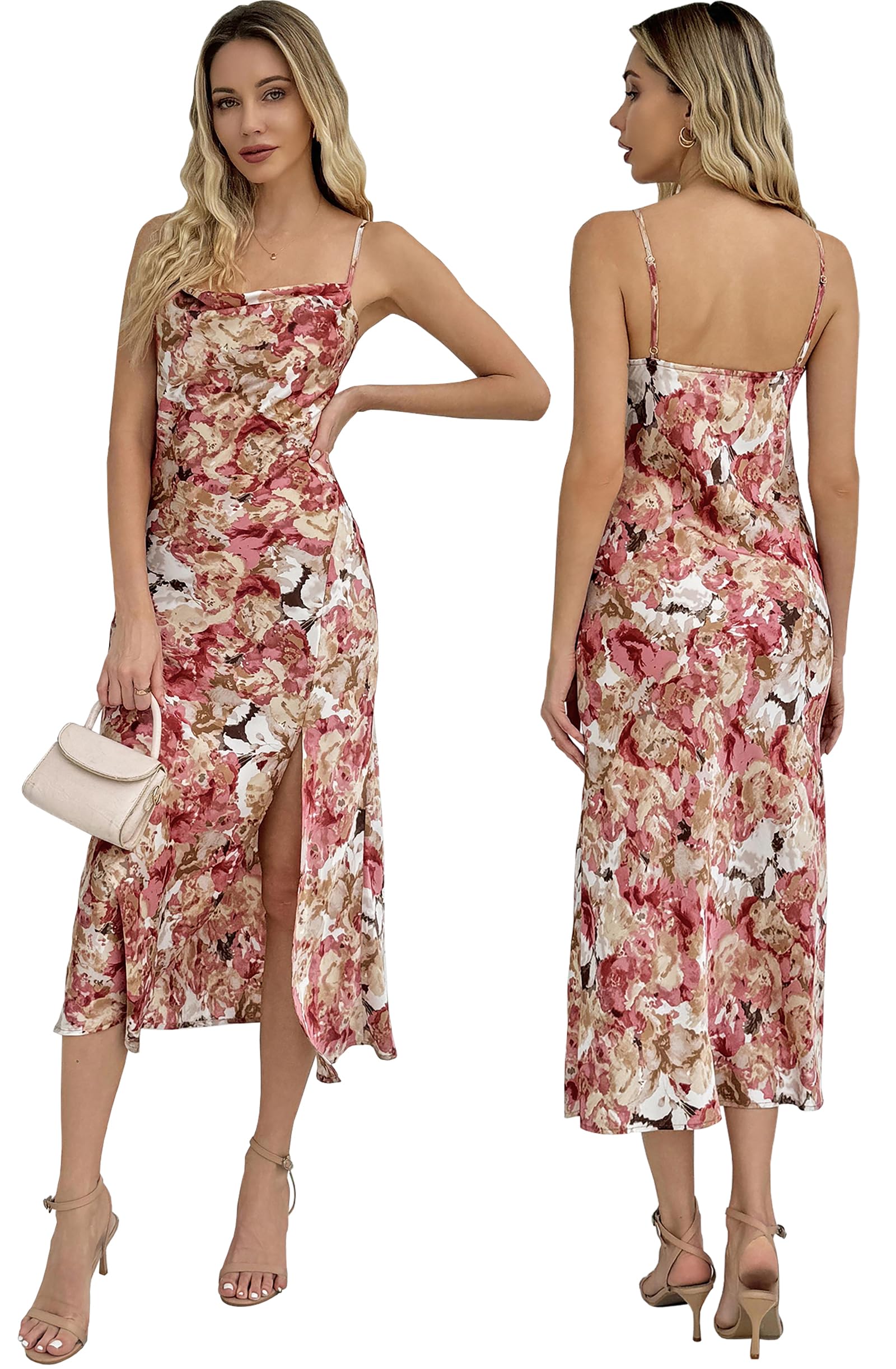 UTNISAN Wedding Guest Dress for Women Spaghetti Strap Satin Slip Cocktail Formal Midi Evening Party Dresses