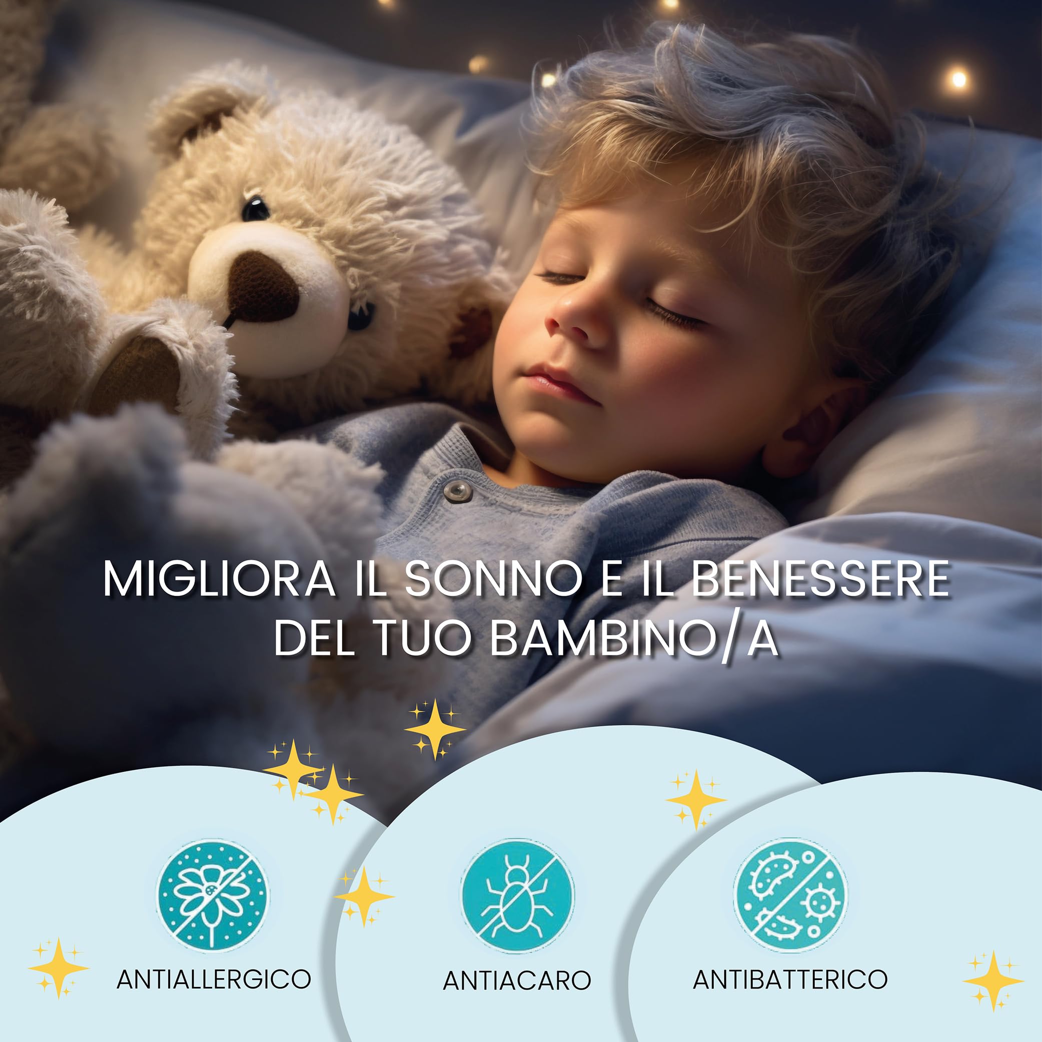 BABY WOLFY-Cuscino Lettino Bambino 40x60cm certificato OEKO-TEX® 1 2 3 4 anni 100% Cotone Antiacaro Anallergico Traspirante Morbido per Letto Culla Passeggino Asilo Nido Made in Italy