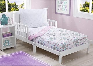 Delta Children Toddler Bedding Set | Girls 4 Piece Collection | Fitted Sheet, Flat Top Sheet w/Elastic Bottom, Fitted Comforter w/Elastic Bottom, Pillowcase, Bohemian | Pink/Multi