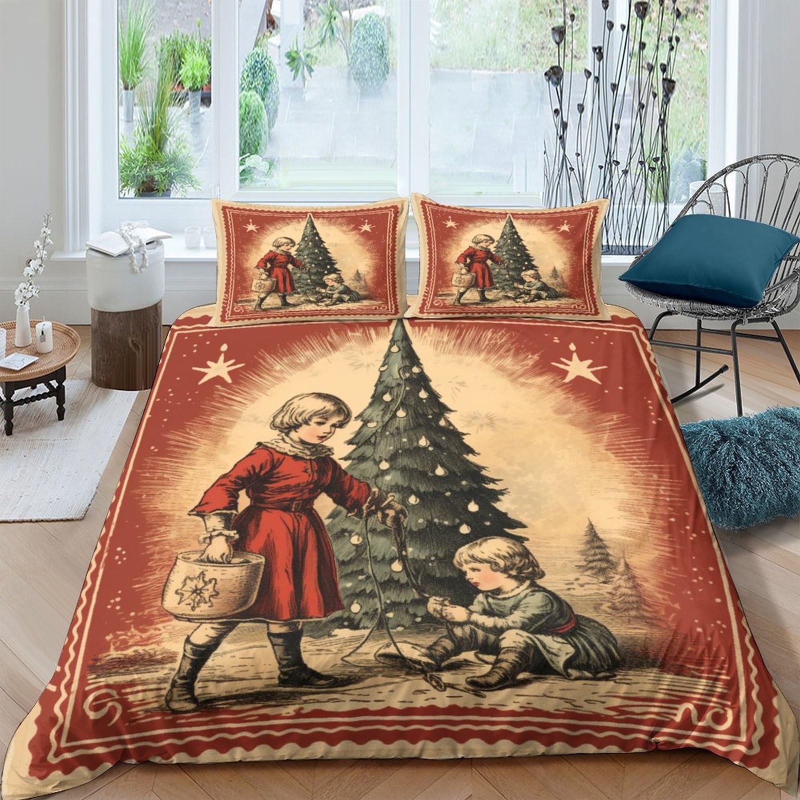 Housse de couette Noël vintage 200x200 cm en microfibre avec taies d'oreiller