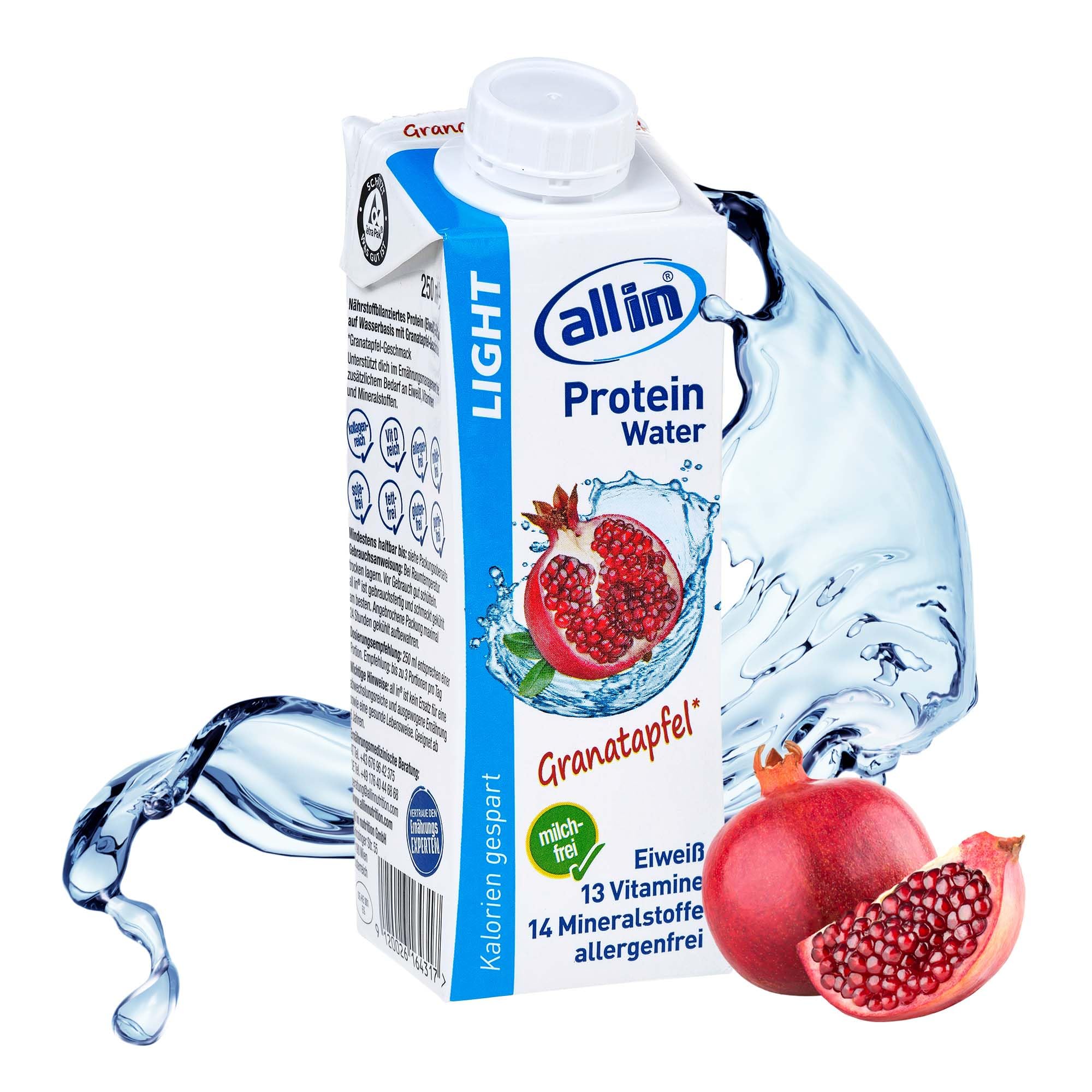 all in® LIGHT Protein Water Granatapfel 14 x 250 ml - Low Carb Vital Drink für Sport Workout oder zum Abnehmen | fettfreies Protein Wasser