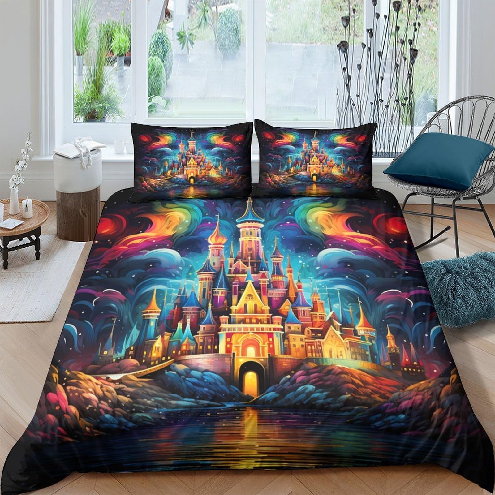 Ctjqhvkz Style-2 3D Printed Fantasy Castle Fitted Sheet Microfiber Soft Colorful Night Sky Bed Cover For Bedroom Guest Room Mattress Protection Single（135X200cm）