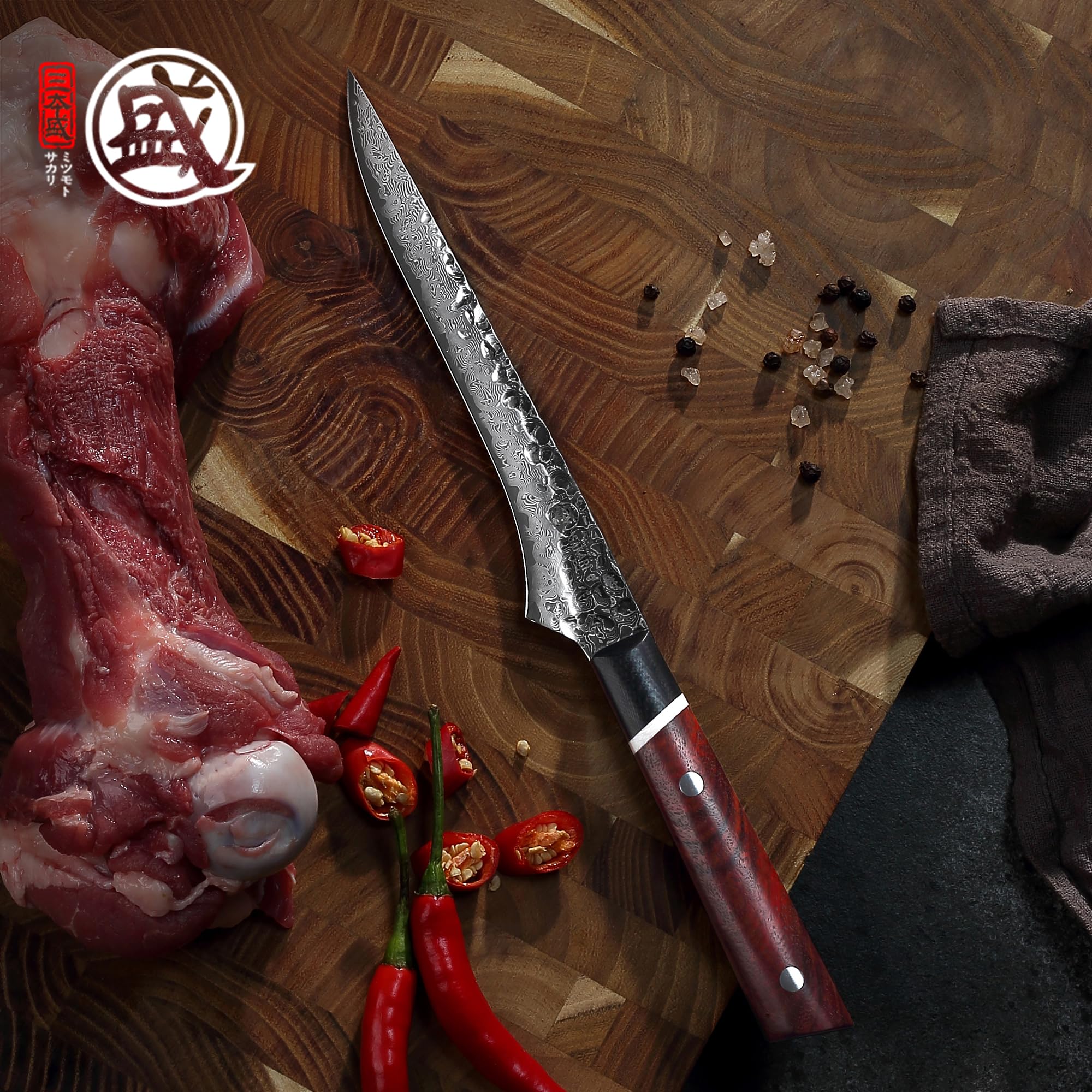 MITSUMOTO SAKARI Cuchillo Japonés para Deshuesar, 14,6 cm Cuchillo Flexible | Cuchillos Cocina de Acero Damasco S440C en Polvo, para Deshuesar Aves, Mango Madera de Sangre y G10, Caja Regalo Sándalo
