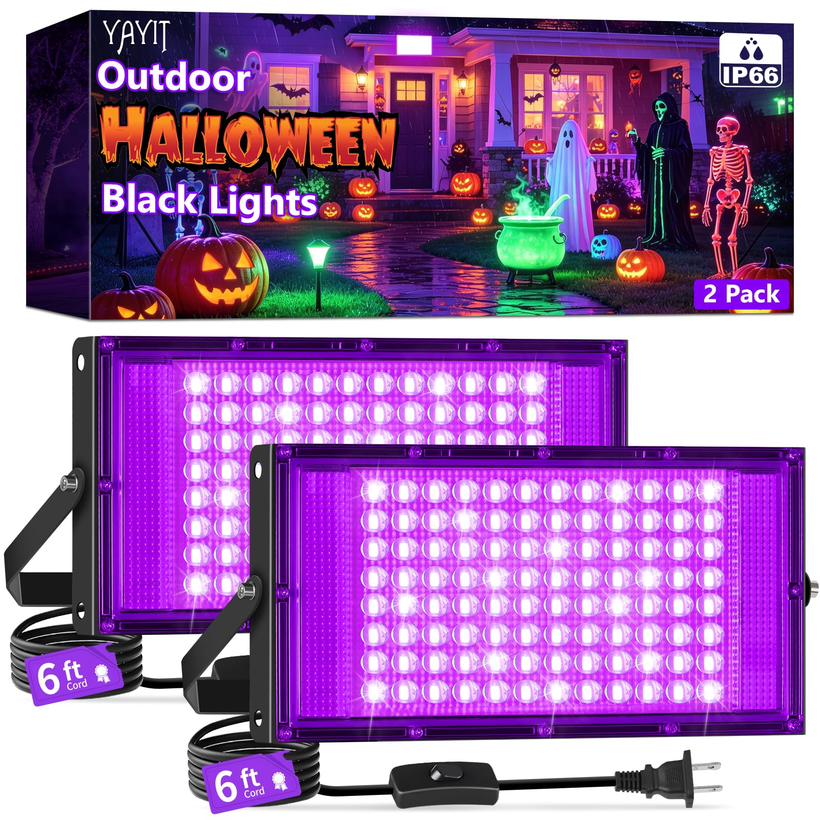 100W LED Black Lights with Switch+Plug, IP66 Waterproof, 2 Pack