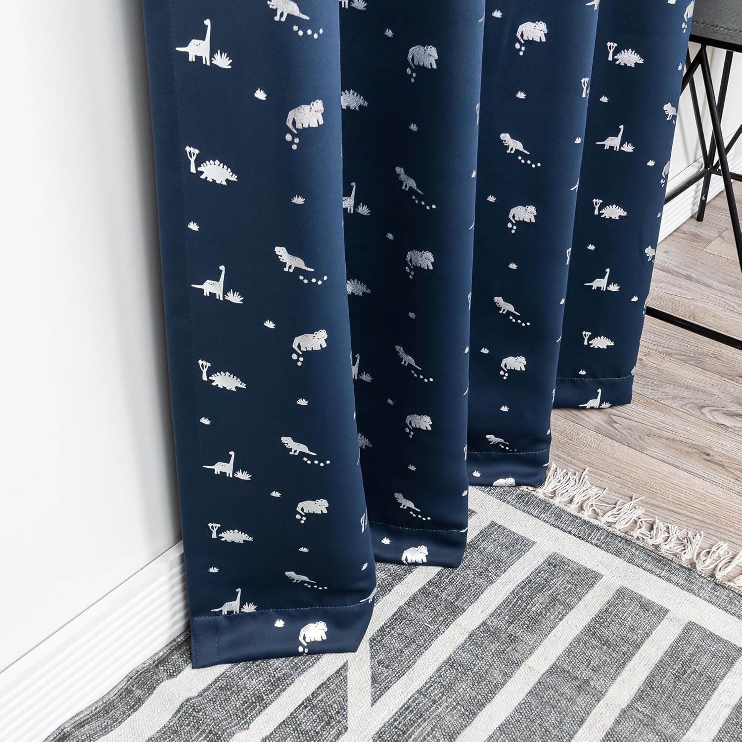 BEST HOME FASHION Set of 2 Silver Dinosaur Print Blackout Curtains, Silver Grommet Window Panels for Bedroom, Living Room, Kids Room, Sun Blocking Thermal Insulated (52" W x 84" L, Navy)
