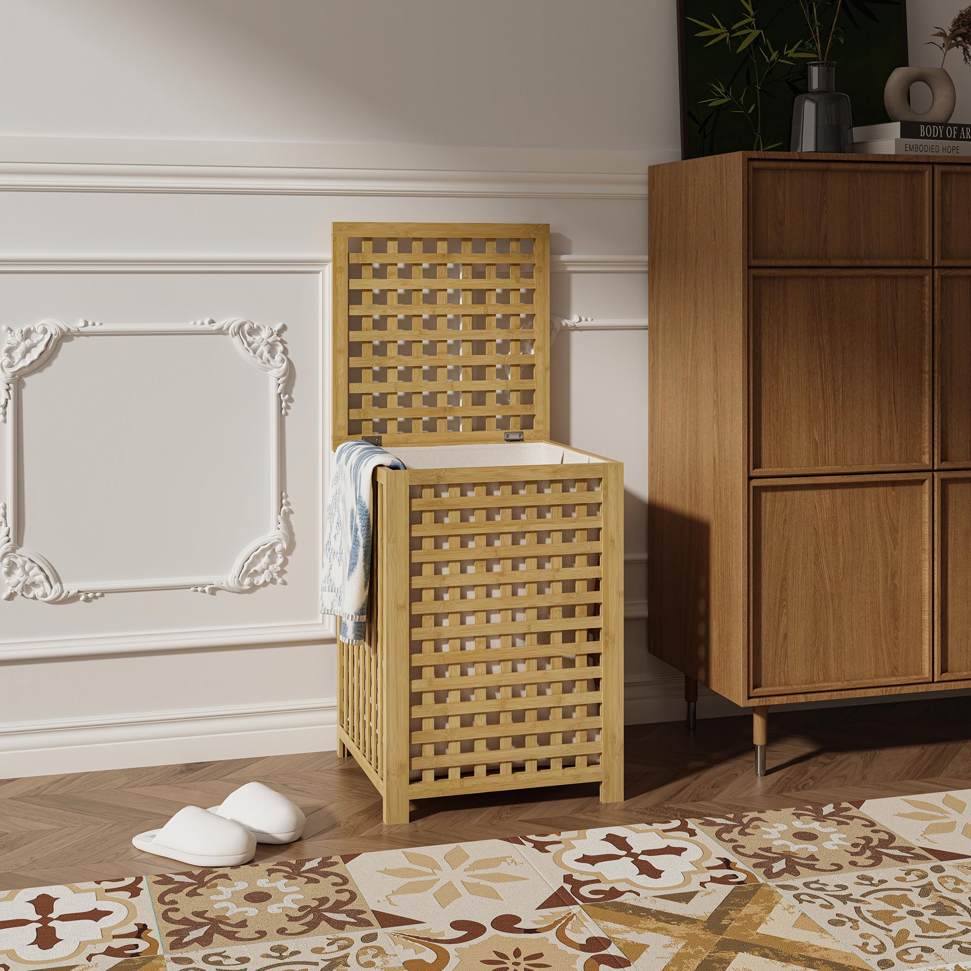 [en.casa] Mobile Portabiancheria in Bambù con Coperchio Ribaltabile e Sacco Interno Rimovibile Cesto per Bucato per Bagno Lavanderia 62x45x45 cm Capacità 79 L