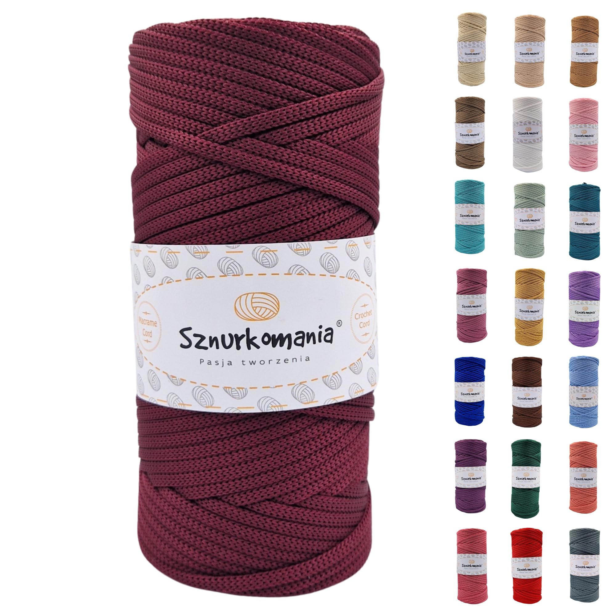 Sznurkomania Burgundy Polyester Cord 5 Mm 100 M, Many Colours, Flat Polyester Cord, Crochet Cord, 5 Mm Macrame Cord, Macrame Yarn, Polyester Yarn, Shiny Cord (Burgundy)