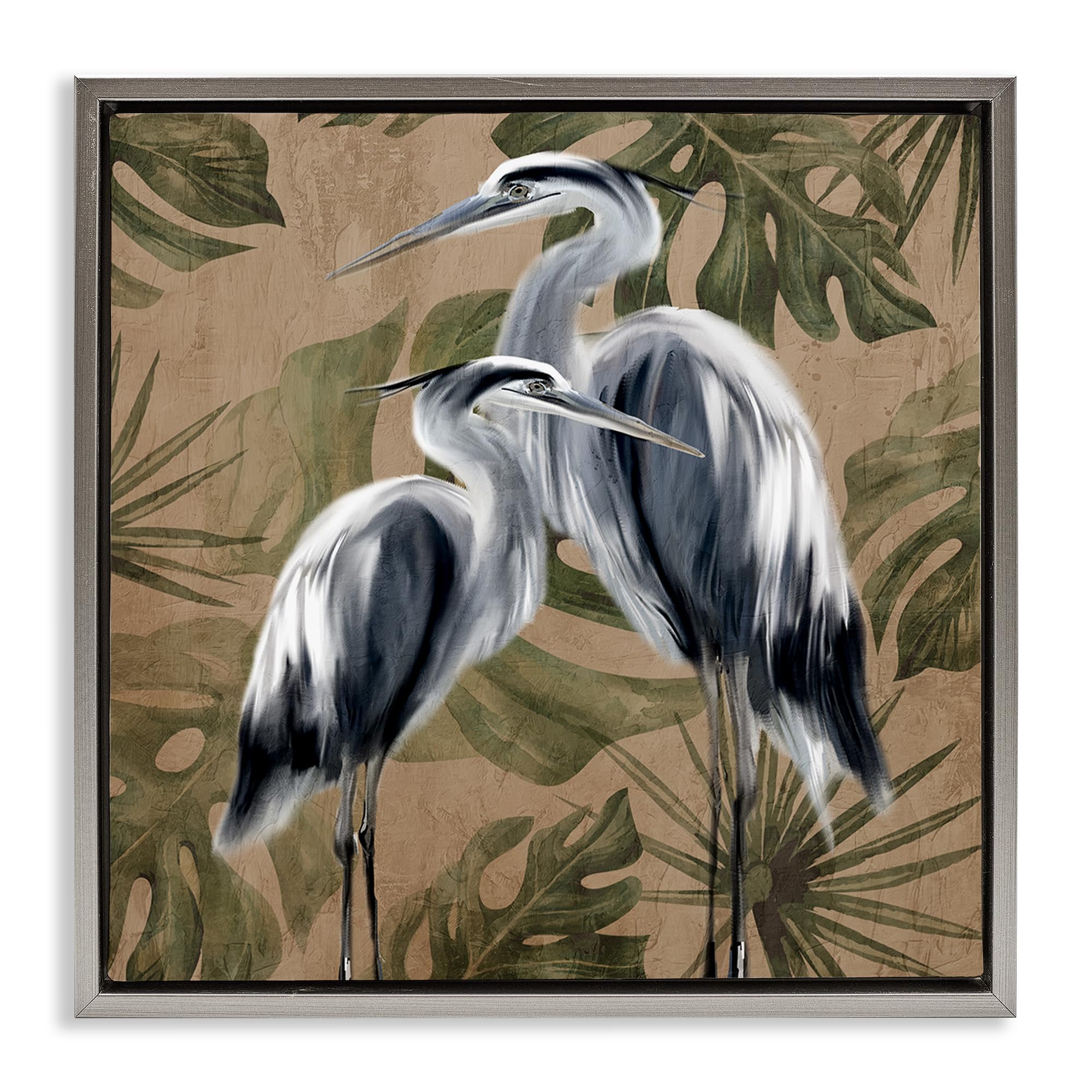 Stupell Industries Luster Gray (Matte) Two Herons Tropical Leaves Nature, 24 X 24 Inch Canvas In Floater Frame