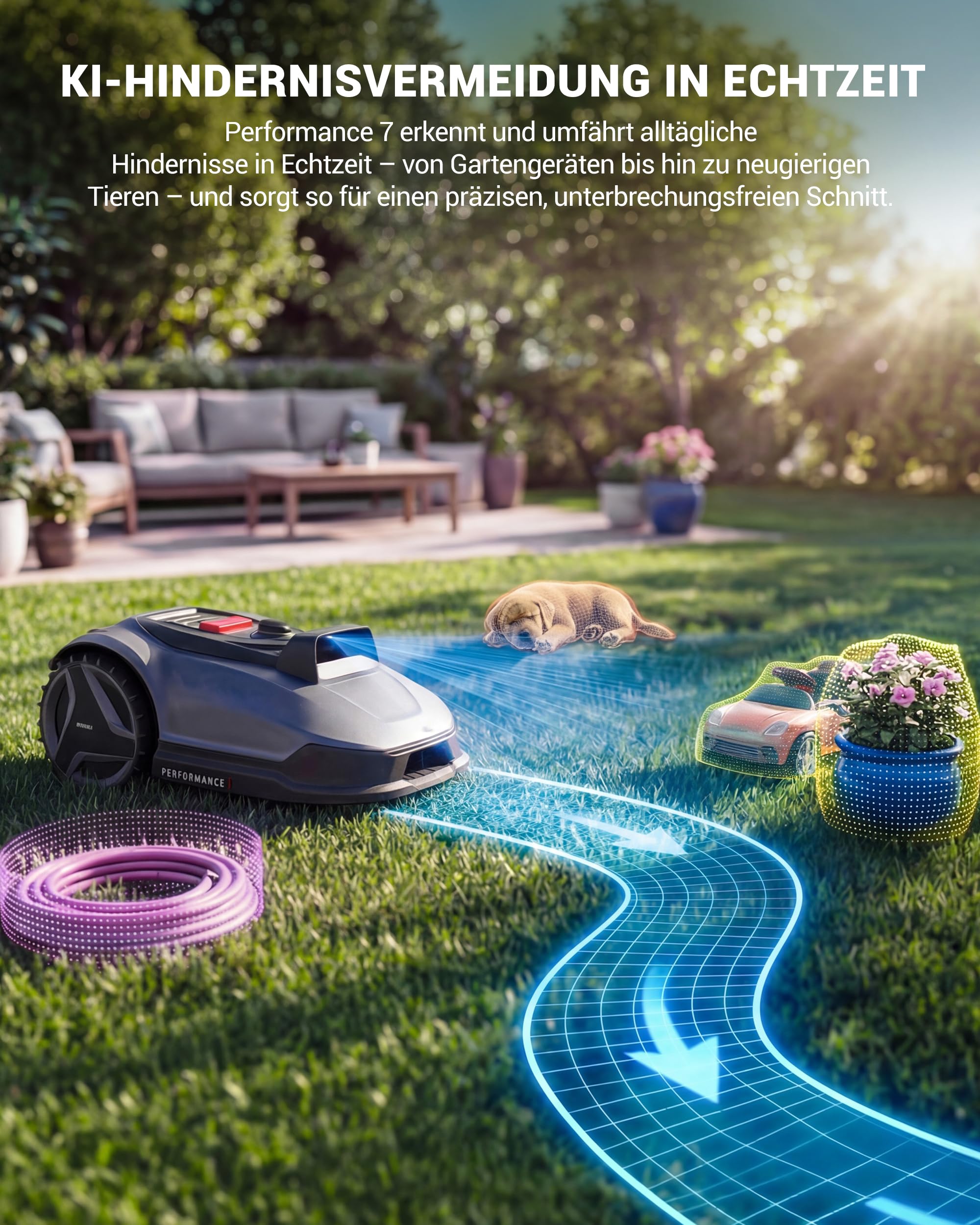 Natural Expressions Performance 7 Mähroboter ohne Begrenzungskabel mit Garage, 500m² Rasenmäher kein RTK mit Vision 3.0 KI-Navigation, 5-Min-Installation, Hindernisvermeidung, Igelschutz