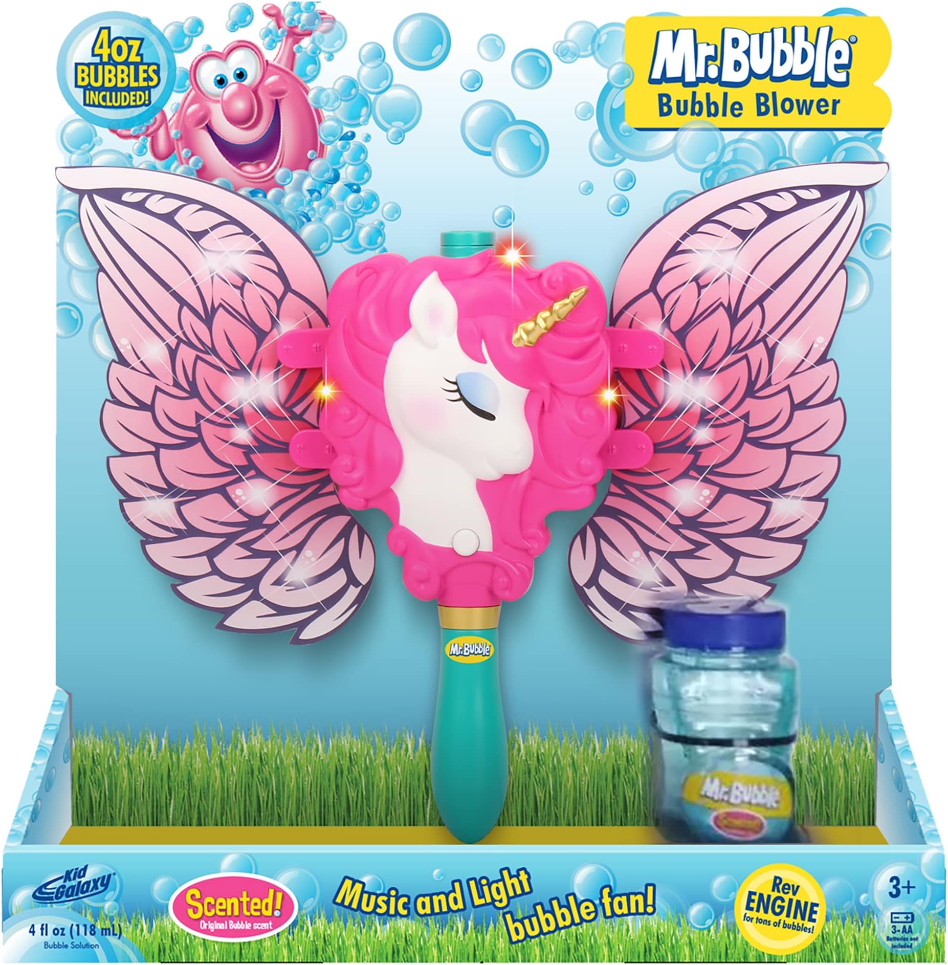 Kid Galaxy Mr. Bubble Non-Stop Fun Motorized Musical Unicorn Bubble Blower -with 4 Ounce Premium Bubble Solution for Kids at Age 3 and up