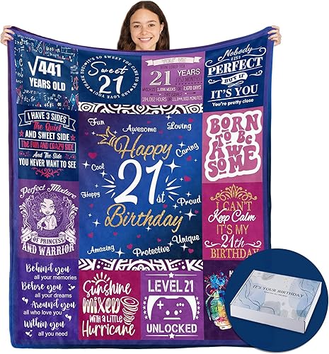 Regalos de cumpleaños número 21 para mujeres con caja de regalo, manta de decoración de cumpleaños 21 de 60 x 50 pulgadas, ideas de regalo de