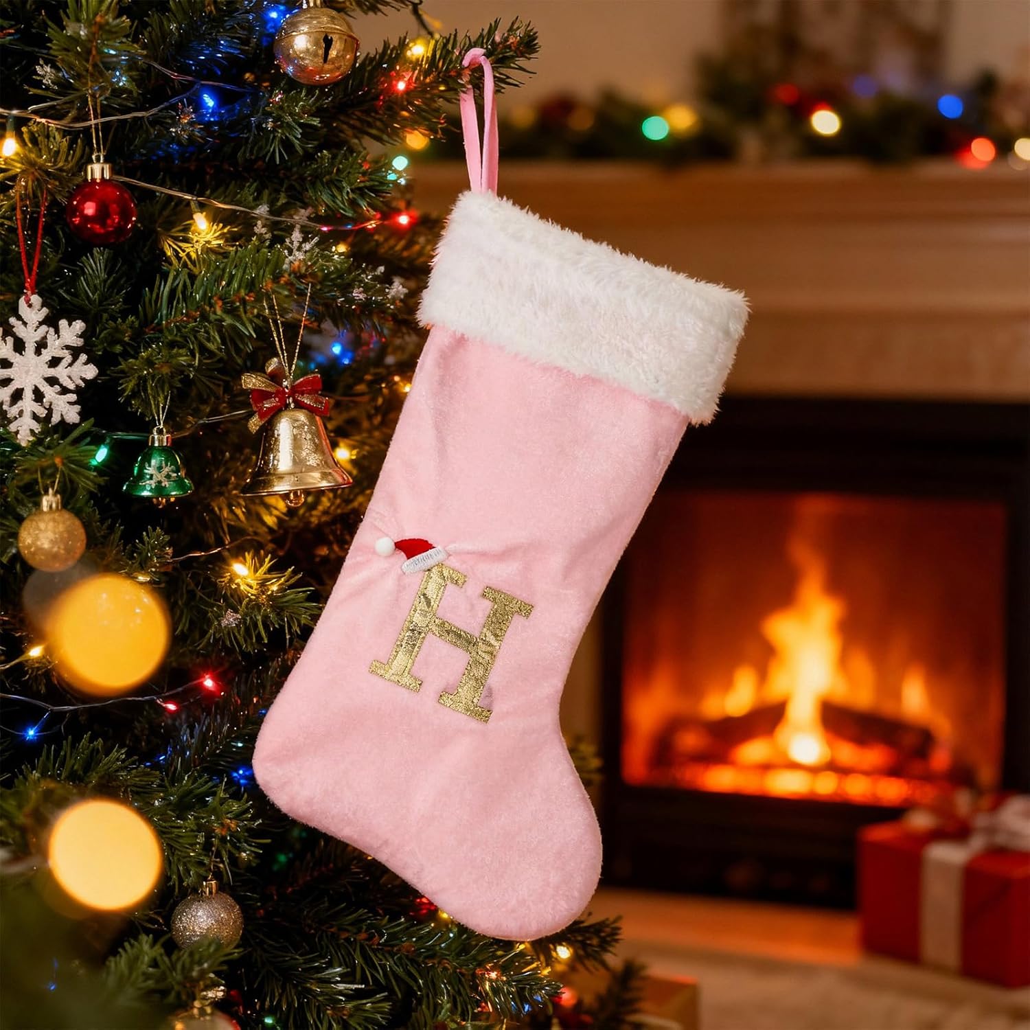22 Inches Christmas Stocking with Initials Monogram Christmas Stocking Velvet with White Soft Plush Cuff Embroidered for Xmas Tree Fireplace Decorations Holiday (H Letter,Pink) - Image 2