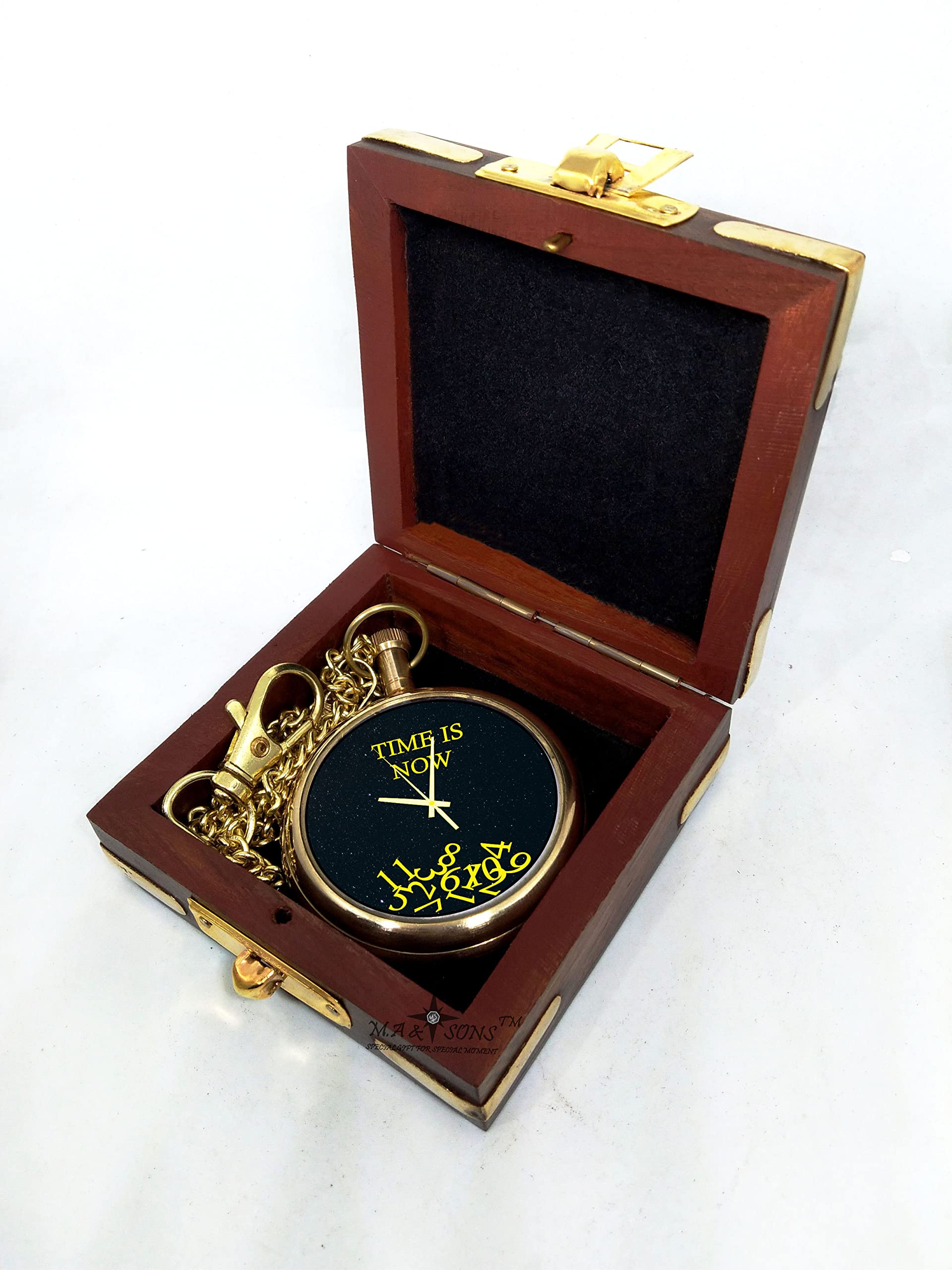 M.A & SONS Brass Pocket watch handmade vintage item customization available - with wooden box