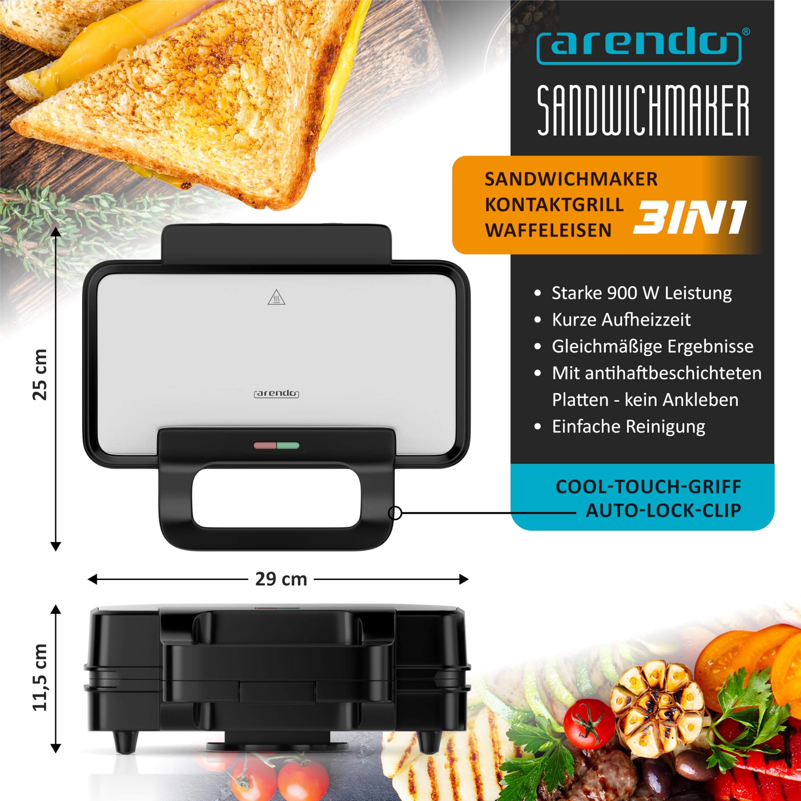Arendo - Sandwichmaker 3 in 1 - mit Wechselplatten - Kontaktgrill – Waffeleisen – Sandwichmakler XXL - Antihaftbeschichtung – für Sandwiches, belgische Waffeln, Grillgut uvm - klein und kompakt