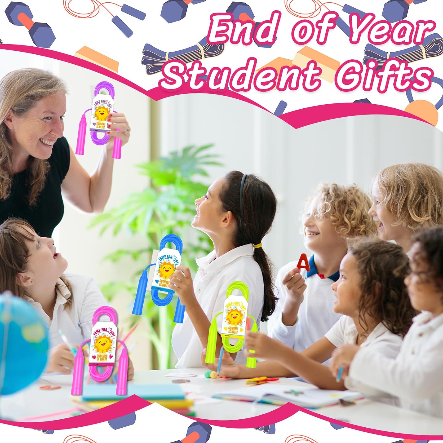24 Sets End of Year Student Gifts Colorful Kids Jump Rope with 24 Summer Card Tags Plastic Adjustable Jump Rope School Graduation Gifts Exchange Outdoor Skipping Ropes Party Favor Bulk