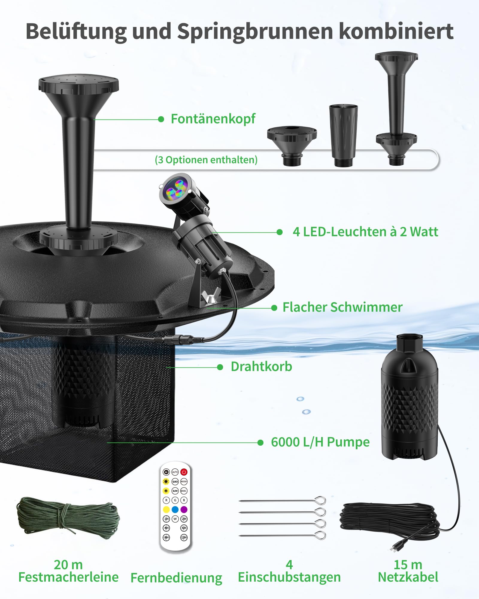 POPOSOAP Schwimmende Teichfontäne & Belüftung Komplett-Set mit LED-Leuchten, 6000 L/h Hochleistungs-Wasserpumpe, 9m Stromkabel, 3 Spritzmuster für Teiche, Pools, Seen & WasserGärten