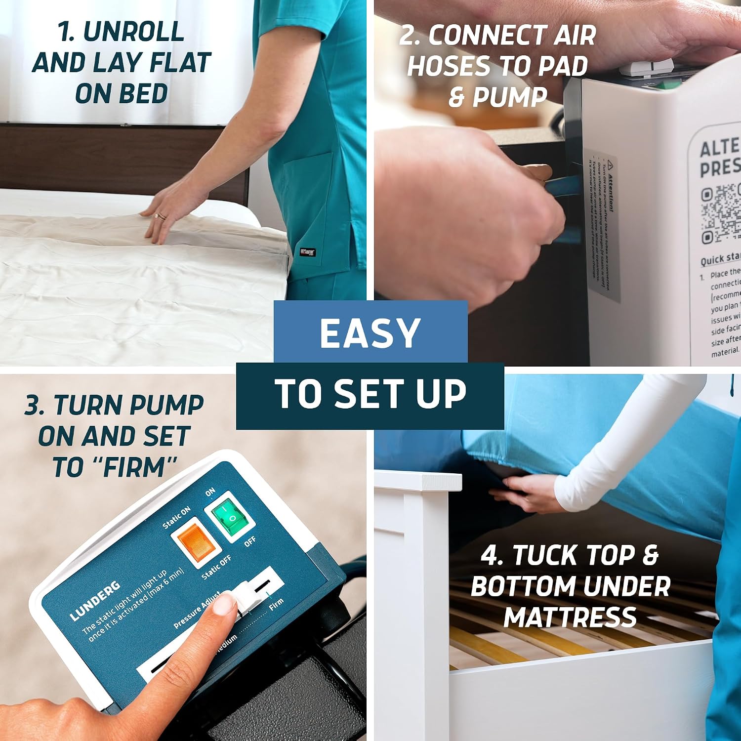 Four-panel image showing steps to set up the mattress pad: unrolling, connecting hoses, turning on pump to firm, and tucking under mattress.