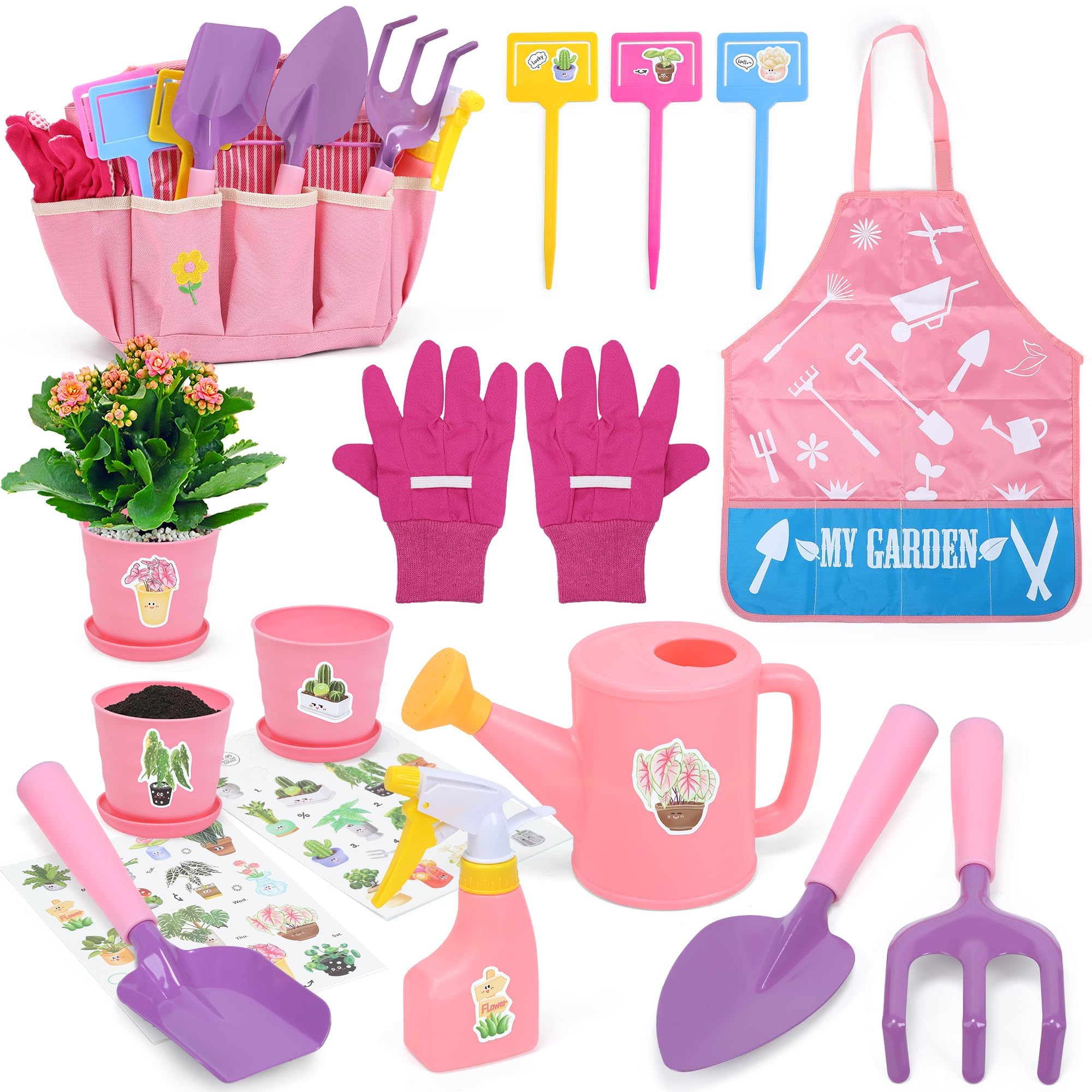 CUTE STONE Kids Gardening Set, Garden Toys with Metal Kids Rake, Shovel, Trowel, Watering Can, Gloves, Tote Bag, Gardening Kit for Toddlers, Outdoor Playset Spring Summer Toys for Girls Boys