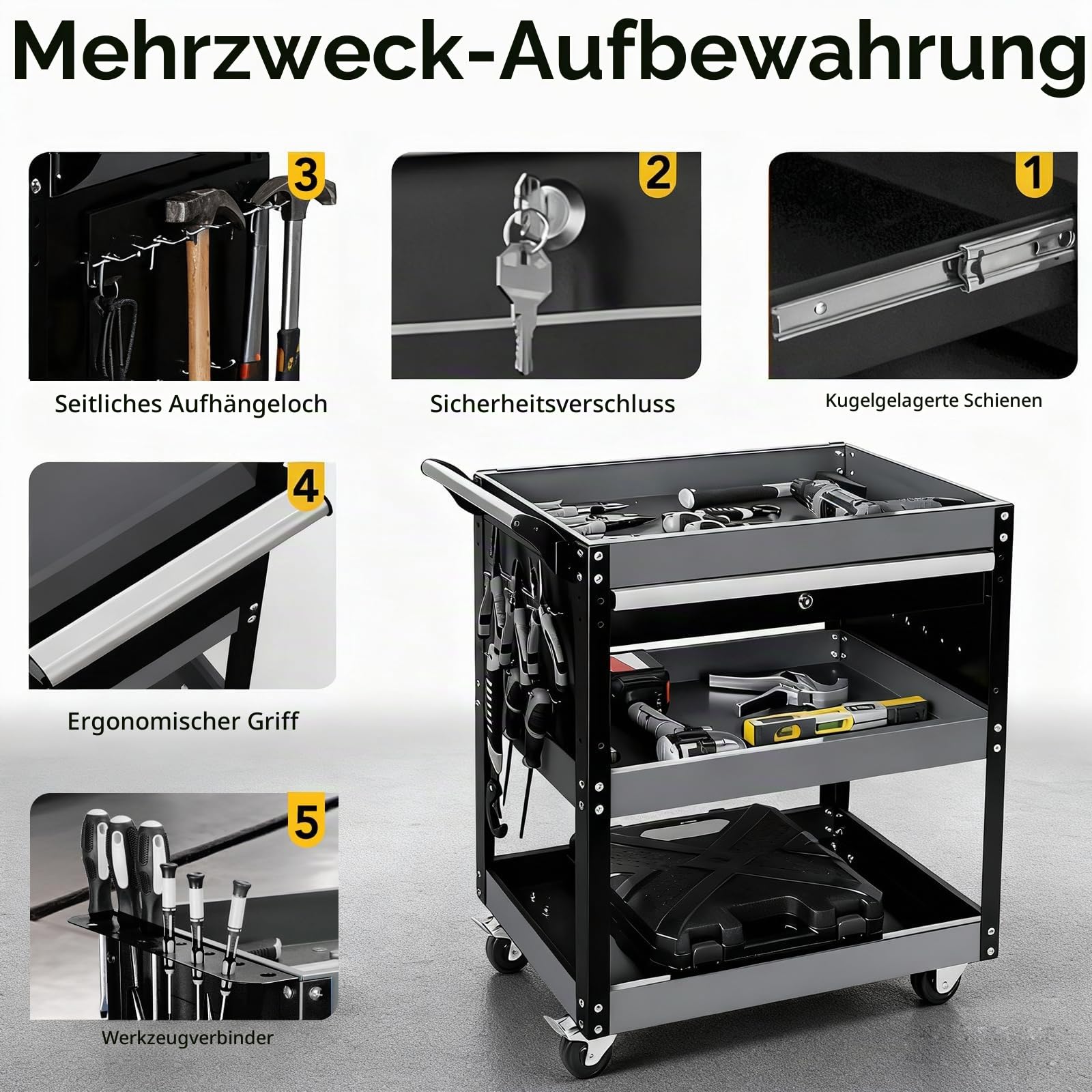 AIRAJ Werkstatt-Rollwagen mit 3 Etagen, Rollwagen Werkstatt mit Verriegelbaren Schubladen und Feststellrollen | Bis 300 kg Belastbar, für Garage, Lager & Werkstatt.