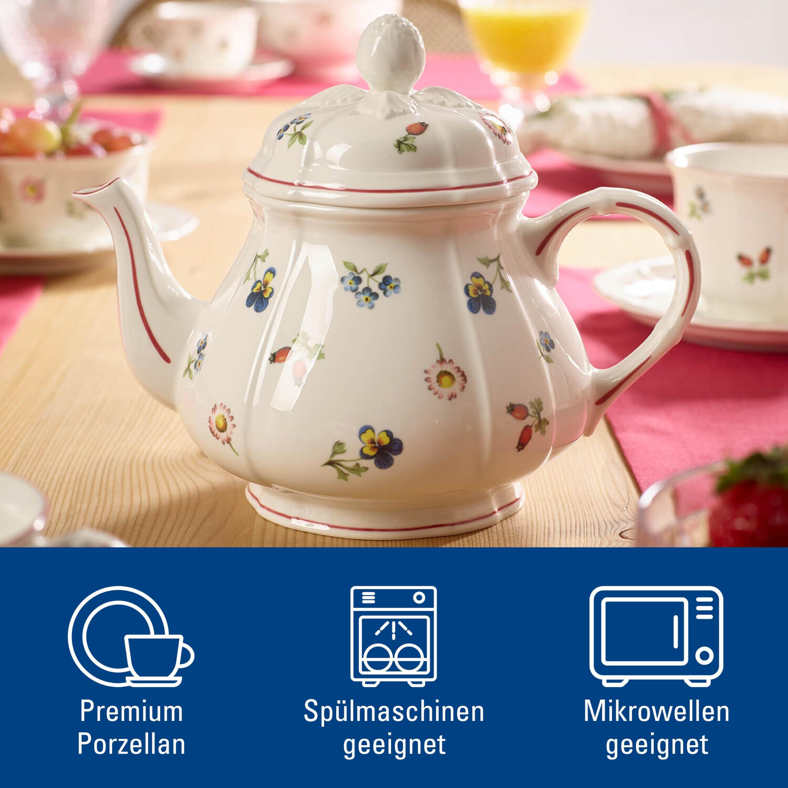 Villeroy & Boch - Petite Fleur Teekanne 900 ml Weiß, Spülmaschinenfest, Mikrowellensicher, Kaffeekanne, Kanne mit Deckel, Porzellankanne, Blümchengeschirr, Premium Porzellan