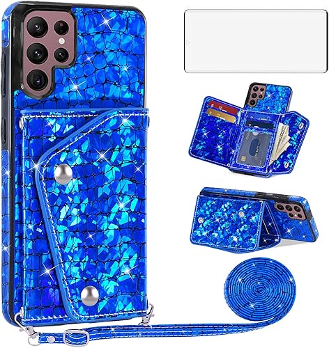 Asuwish Funda de teléfono para Samsung Galaxy S22 Ultra 5G Funda tipo cartera con protector de pantalla y tarjetero de cuero brillante con purpurina Asuwish Funda de teléfono para Samsung Galaxy S22 Ultra 5G Funda tipo cartera con protector de pantalla y tarjetero de cuero brillante con purpurina