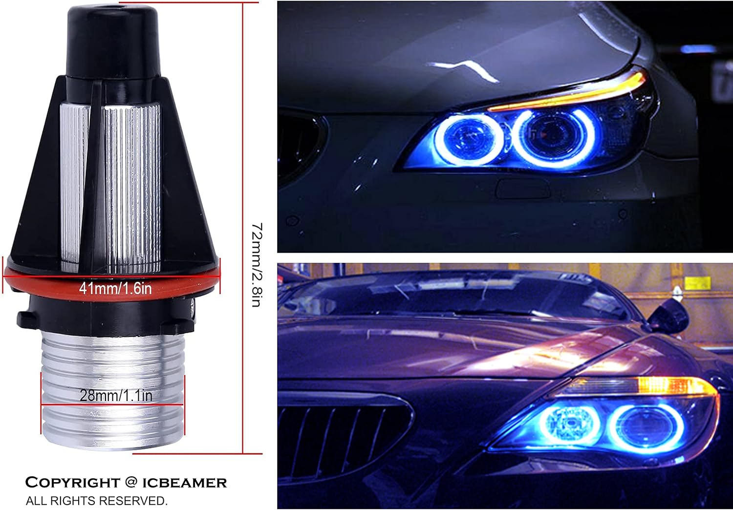ICBEAMER for BMW E39 E53 E60 E61 E63 E64 E65 E66 E87 LED 12V 6W Blue Angel Eyes Halo Light Bulbs Lamps Can Replace OEM Factory Light Bulbs [Pack of 2 pcs]