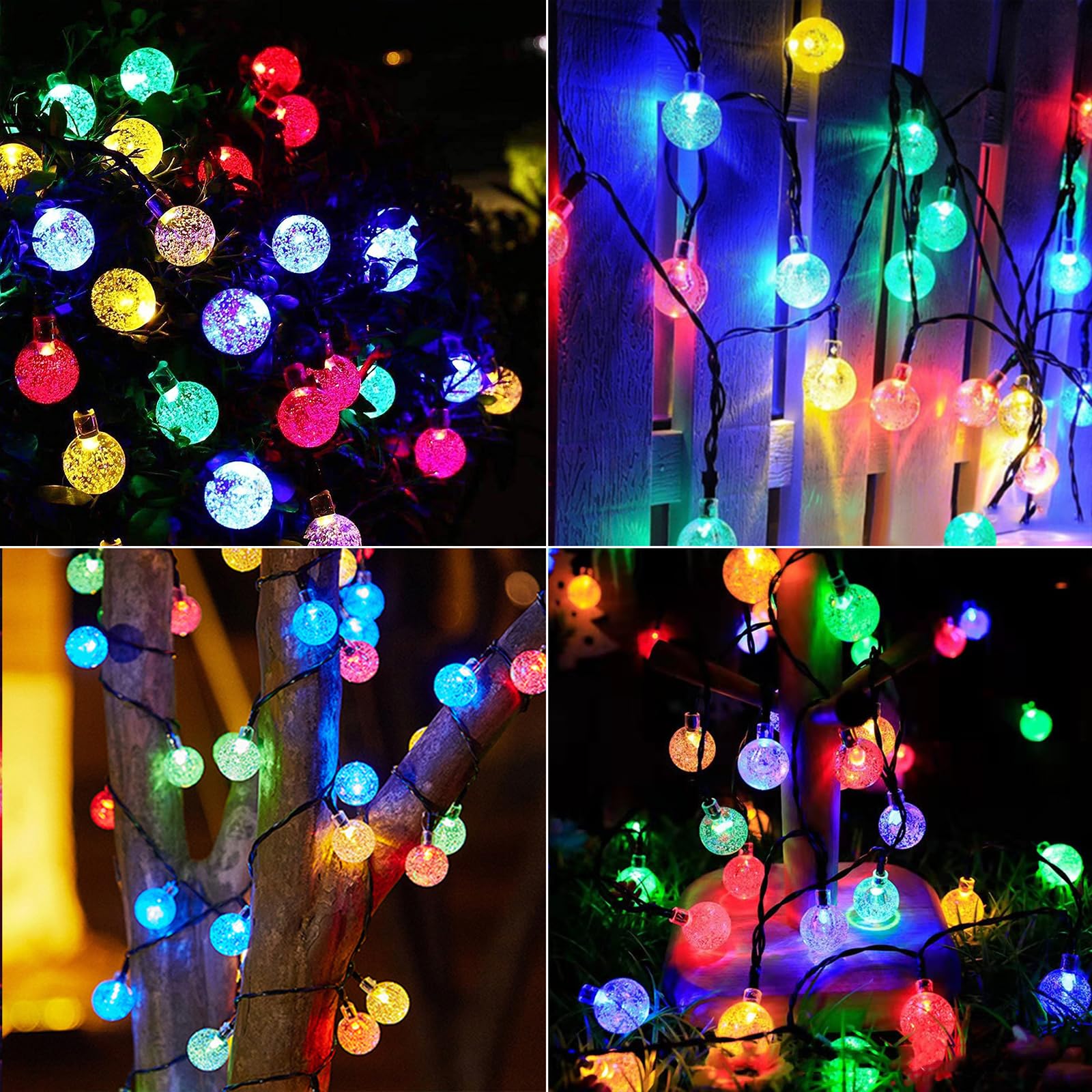 Solar-Lichterkette für den Außenbereich, 100 LEDs, 12.4 m, mehrfarbig, Kristallkugel-Lichter mit 8 Beleuchtungsmodi, wasserdicht, solarbetrieben, Hochzeit, Party-Dekoration