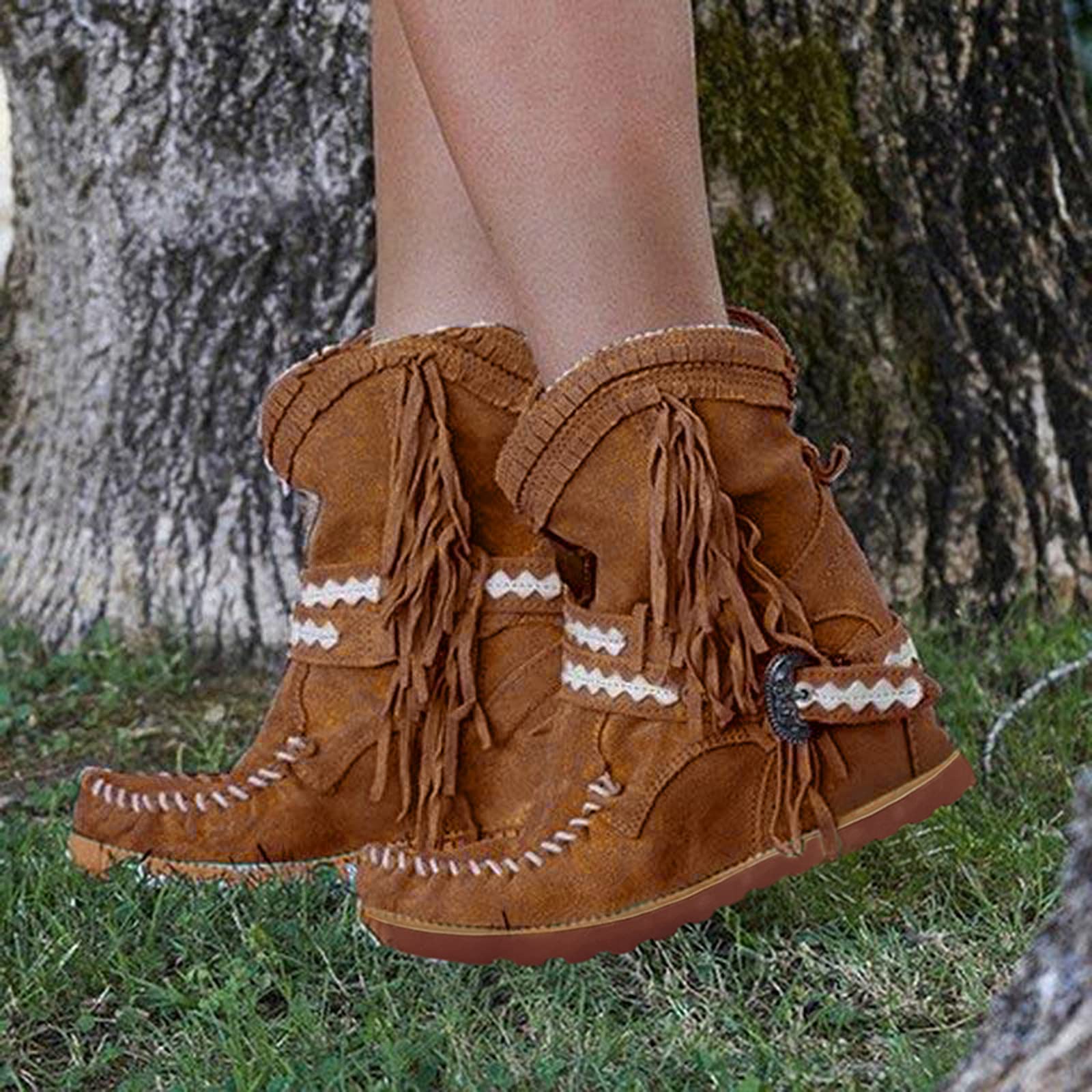 Stiefeletten Damen Flache Knöchelstiefel mit Fransen Ankle Boots Retro Herbst Winter Schuhe Wildleder Stiefeletten Halbhoch Stiefel Schlupfstiefel Elegant Plateau Fransenstiefel