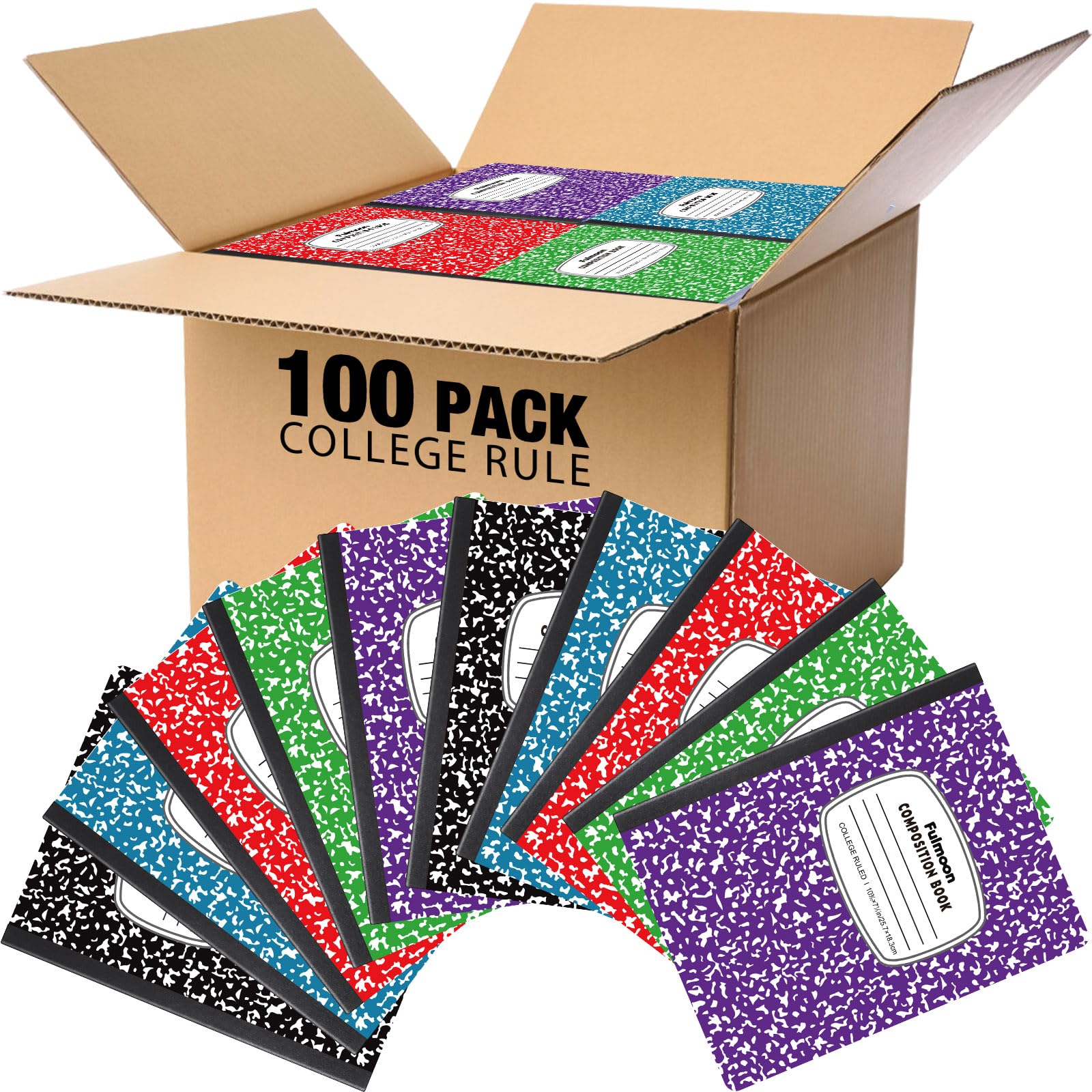 Fulmoon Quaderni di composizione, 24,8 x 19,1 cm, 60 fogli per comp, nero, viola, blu, rosso, verde, con marmo, per scuola, bambini, casa, ufficio (100 pezzi, a righe college, spaziatura 9/32 pollici)