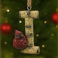 Vista 23 de Adorno de Navidad con letra inicial cardenal rústica, aspecto de madera de abedul, alfabeto, decoración con monograma para árbol de vacaciones
