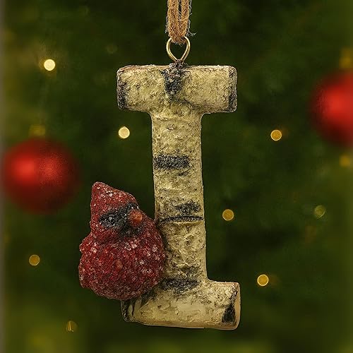 Miniatura 23 de Adorno de Navidad con letra inicial cardenal rústica, aspecto de madera de abedul, alfabeto, decoración con monograma para árbol de vacaciones