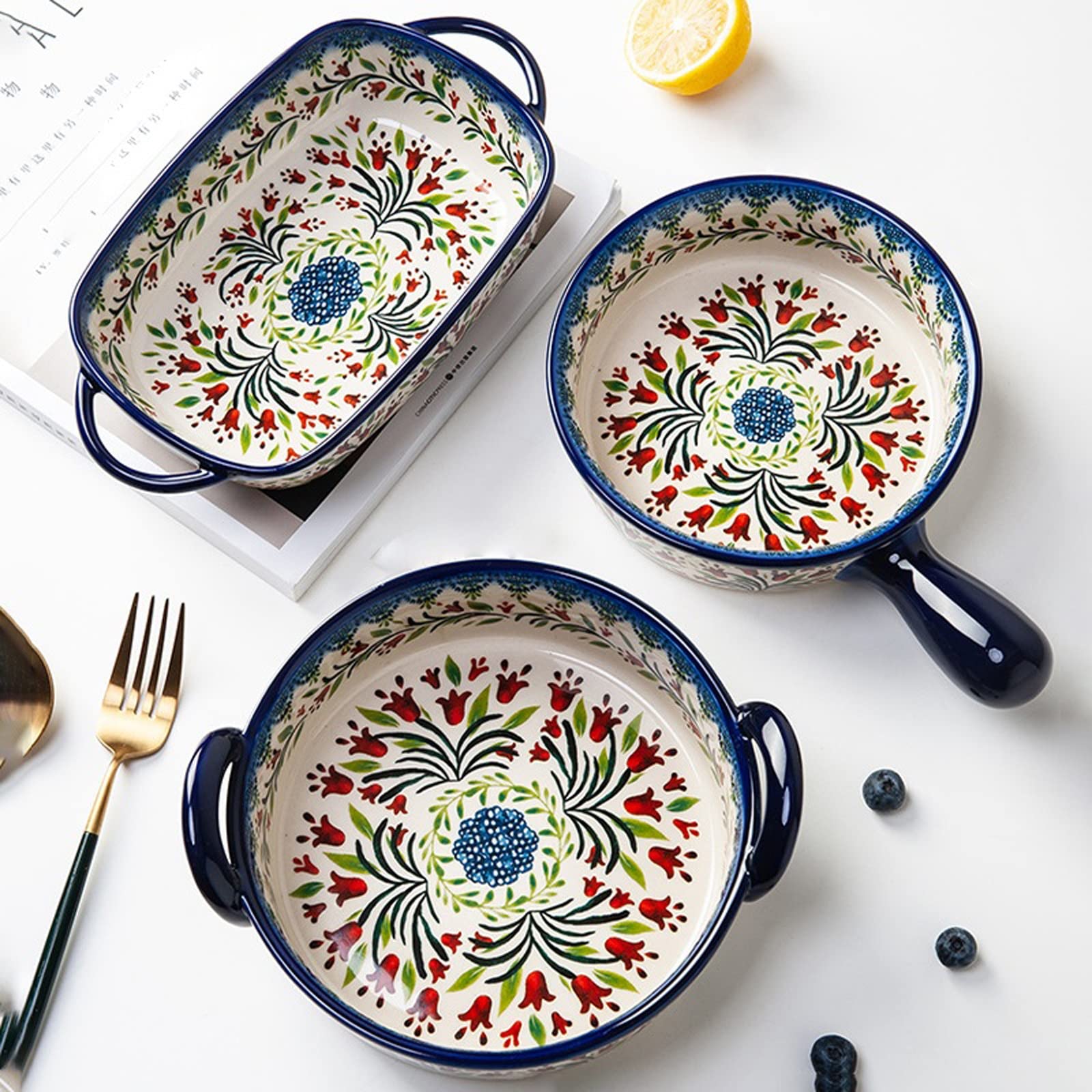 Obuuszne naczynie do pieczenia, naczynia do pieczenia Ceramiczne naczynia do pieczenia Domowe naczynie do pieczenia Ręcznie malowane talerz sałatkowy Miska do ryżu Obustronna forma do pieczenia Zastaw