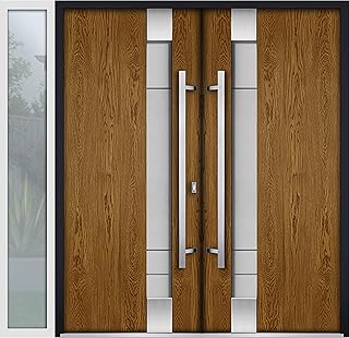 VDOMDOORS Front Exterior Prehung Metal Double Doors/Deux 1713 Natural Oak Frosted Glass/Sidelite Exterior White Window/Entry Modern Painted Right Inswing Active Door 84" x 80"