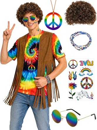 Drofe Mens Hippie Costume Set 60s 70s Retro Outfit with Wig & T-Shirt | 60s/70s Hippie Costume Set T-Shirt, Wig, Glasses, Peace Necklace & Tattoos. Ideal for Halloween, Cosplay & Retro Parties
