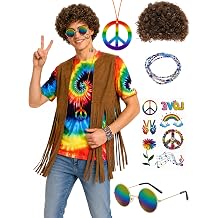 70s Hippie Outfits for Men Retro Disco Tie Dye Costume Set Wig Sunglasses