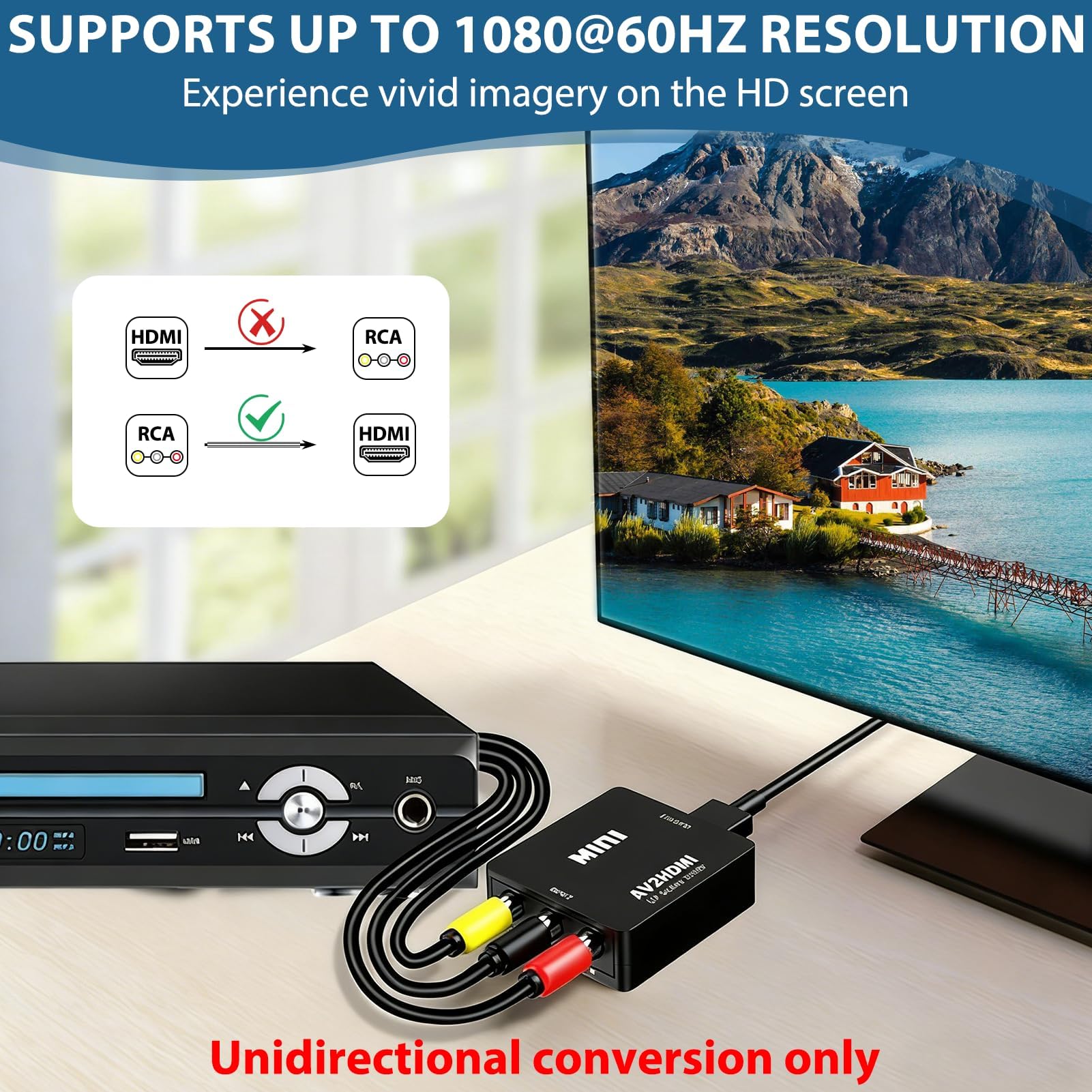 Konwerter RCA na HDMI 1080P, adapter RCA na HDMI z kablem USB, Mini AV Composite CVBS Video Audio Converter Adapter, obsługuje PAL/NTSC/SECAM, dla Xbox 360 PS1 PS2 WII VHS Camera, Plug & Play
