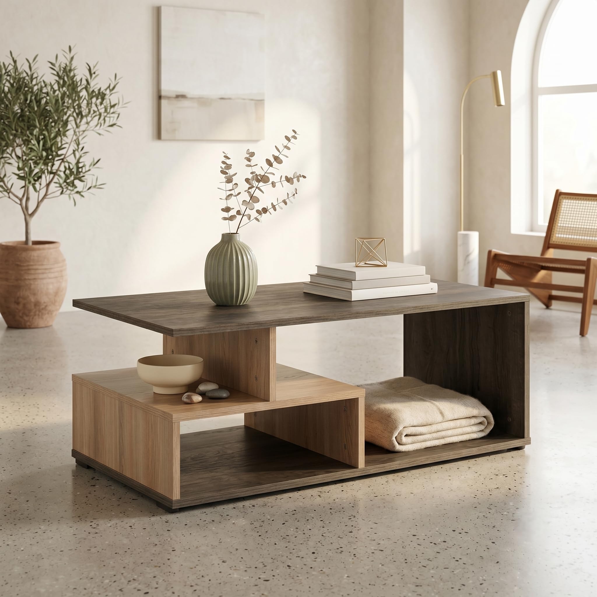 Nexus Geometric Center Table - Modern 2-Tier Coffee Table with Staggered Storage Shelves for Living Room | Premium 15mm Engineered Wood, Dark Walnut & Light Oak Finish (90x50x35 cm)-image-29