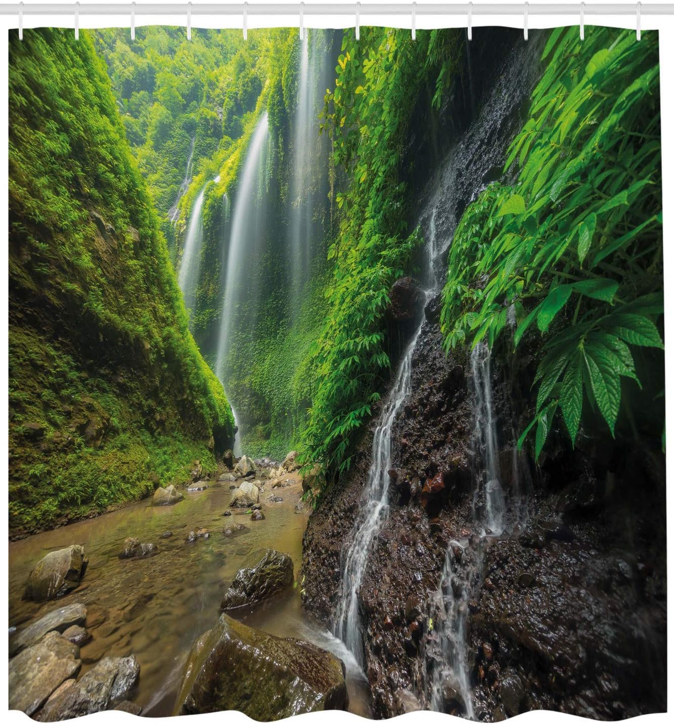 Ambesonne Waterfall Shower Curtain, Waterfalls Side Valley in Indonesia with Southeast Bushes Above Hills, Cloth Fabric Bathroom Decor Set with Hooks, 69" W x 84" L, Green and Brown