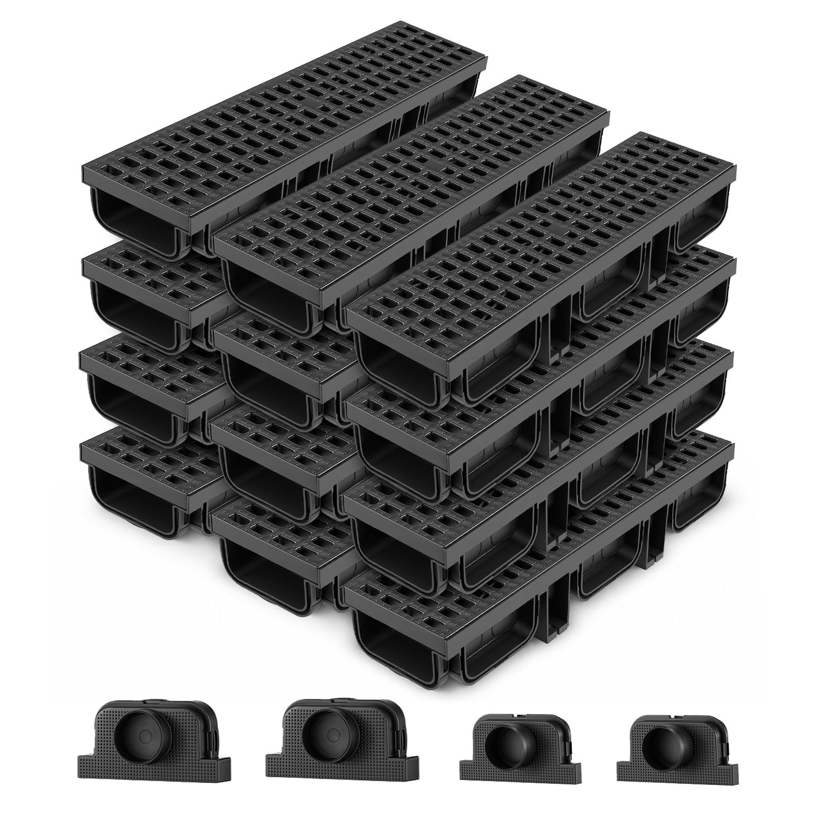 VEVOR Caniveau de Drainage Linéaire Extérieur 510x140x90 mm Lot de 12 PEHD, Caniveau avec Grilles et Embouts, Système de Drainage pour Terrasse, Piscine, Allée, Jardin, Cour, Garage et Trottoir, Noir