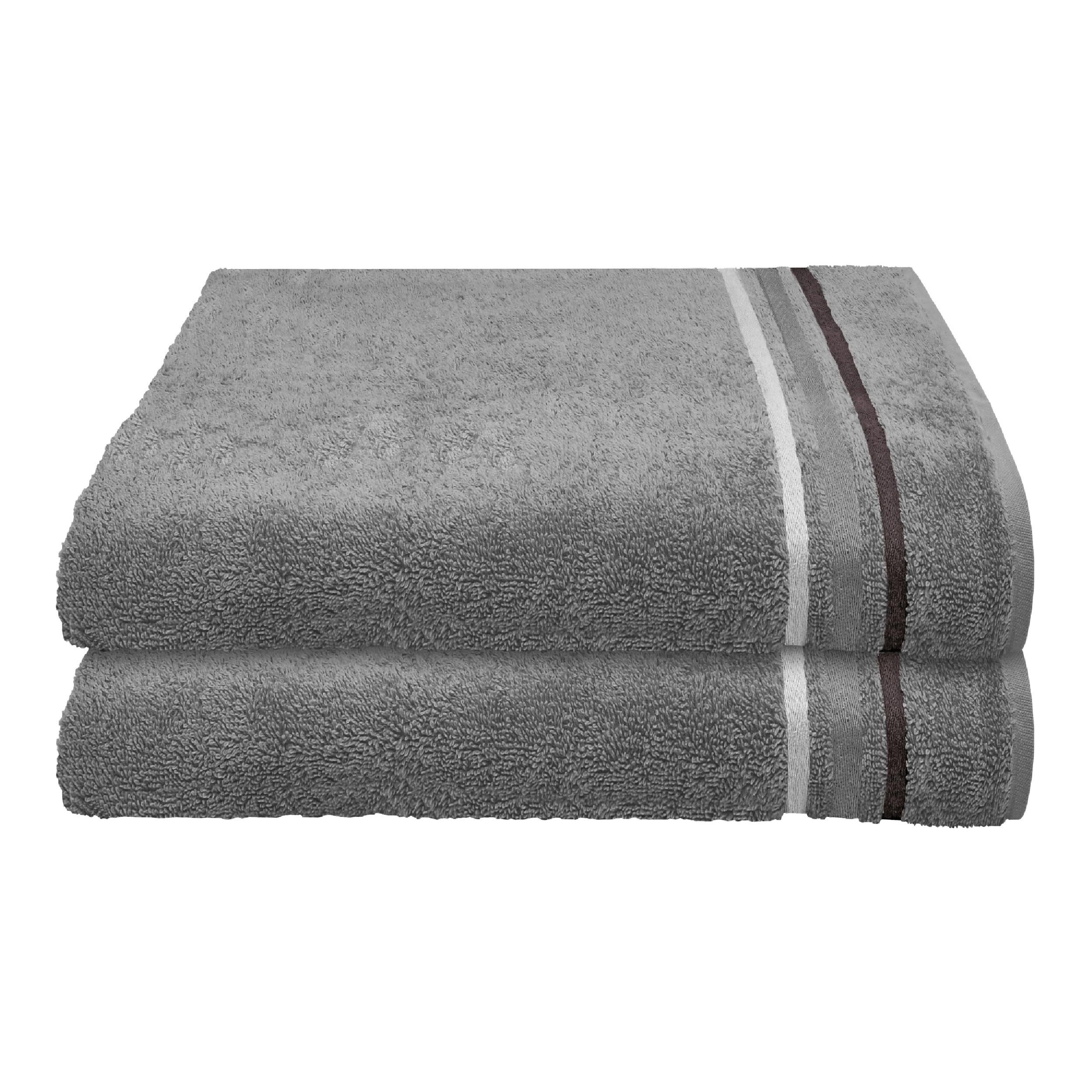 Badetuch | 2er Set | 100% Baumwolle | Dunkelgrau | Streifenbordüre | 70x140 cm | flauschig & saugstark | sorgfältig eingenähter Kordelaufhänger | OEKO-TEX® MADE IN GREEN