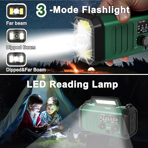 Miniatura 23 de Radio de manivela de 10000 mAh, radio de emergencia, radio solar, radio meteorológica NOAA/AM/FM, carga USB tipo C, radio de dinamo, batería de Verde