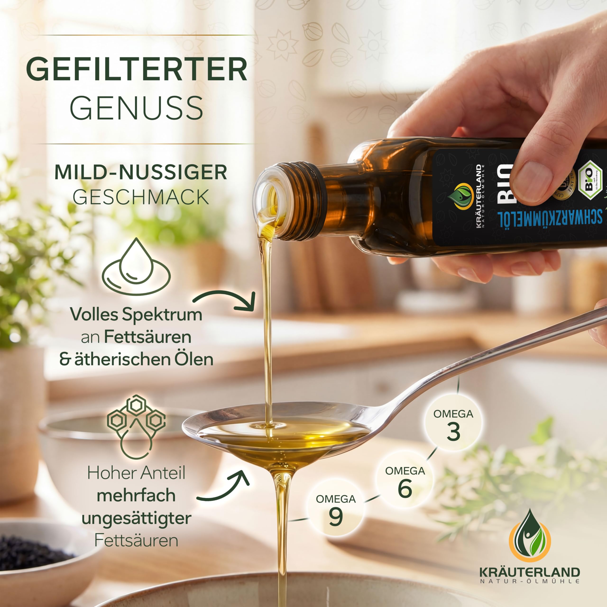 Kräuterland Bio Schwarzkümmelöl 4x250ml (1Liter) kaltgepresst gefiltert naturrein hoher Thymoquinon