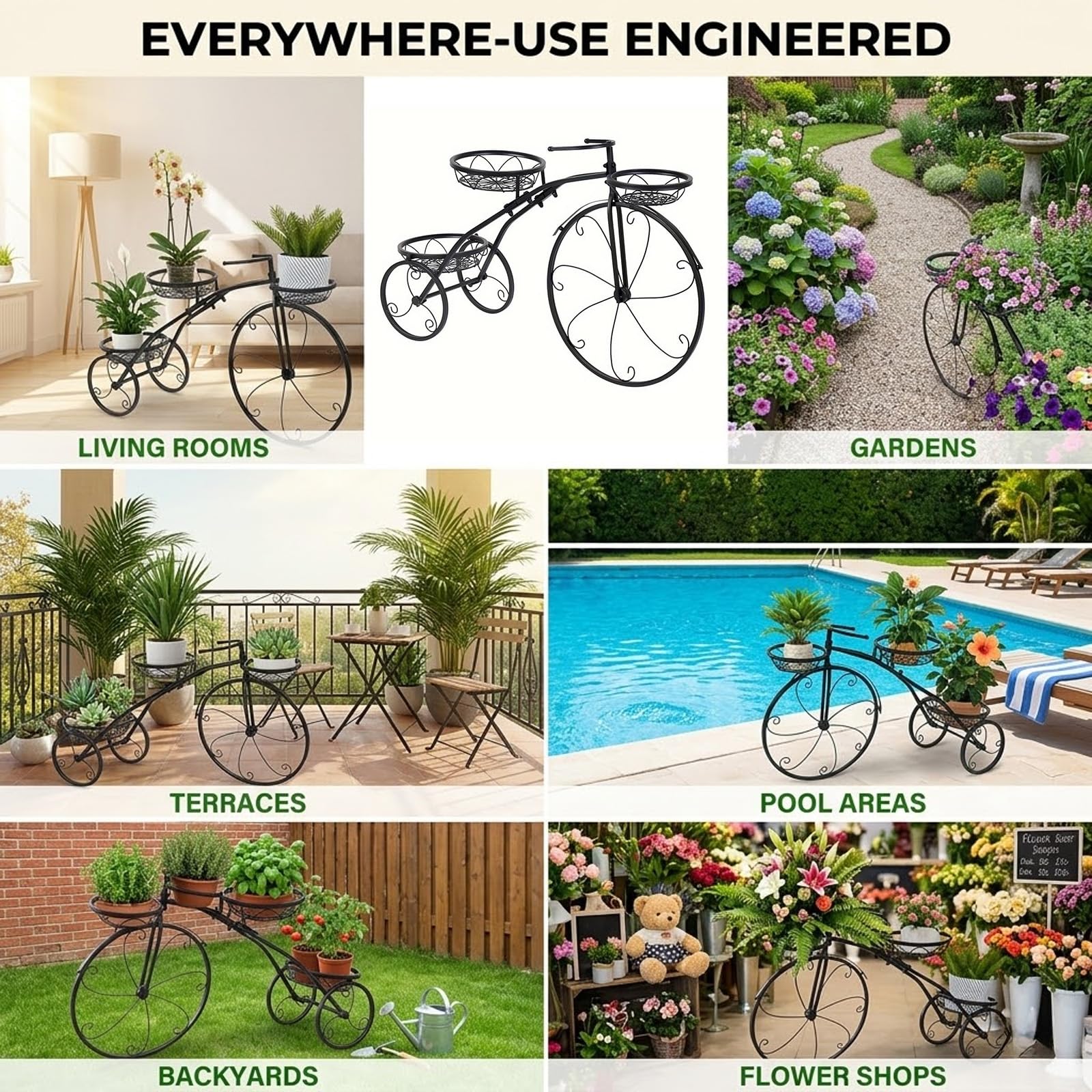 Support Plantes Vélo Métal Vintage,Porte-Pot Fleurs Tricycle avec 3 Paniers